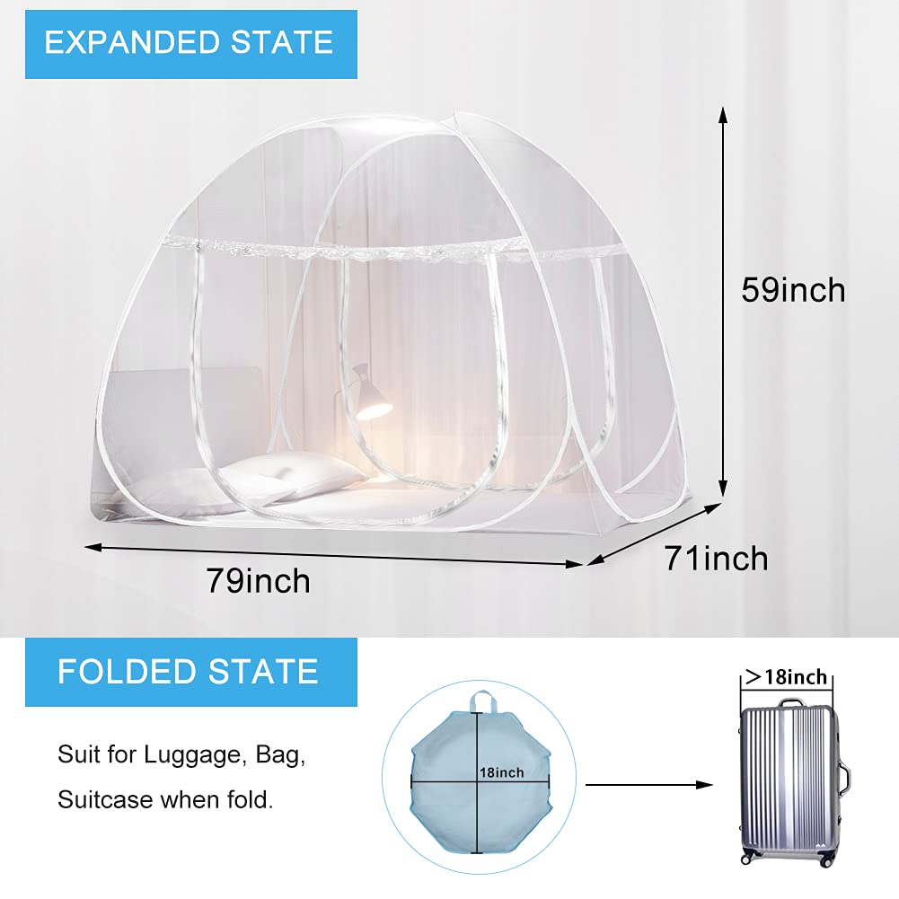 AMMER Pop Up Mosquito Net Tent for Beds, Portable Foldable Mosquito Netting Folding Design with Net Bottom,2 Entries,Suit for Twin to King Size Bed (79x71x59inch)