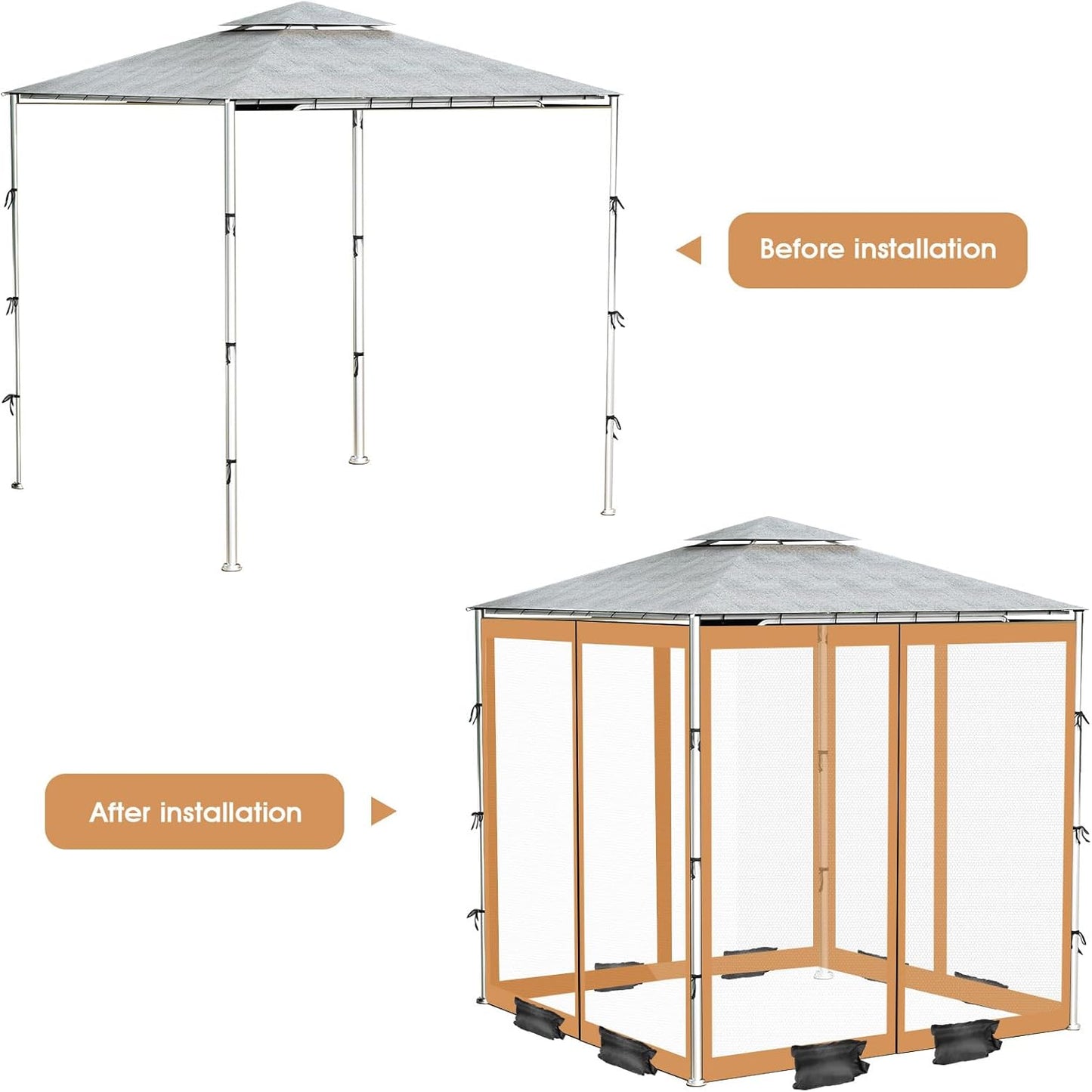 ShowyLive 12x12 Patio Umbrella Mosquito Netting with Zipper 4 Doors & 8 Weight Bag - Adjustable Polyester Mesh Bug Screen for Outdoor Umbrellas, Garden, Patio Tables (Brown)