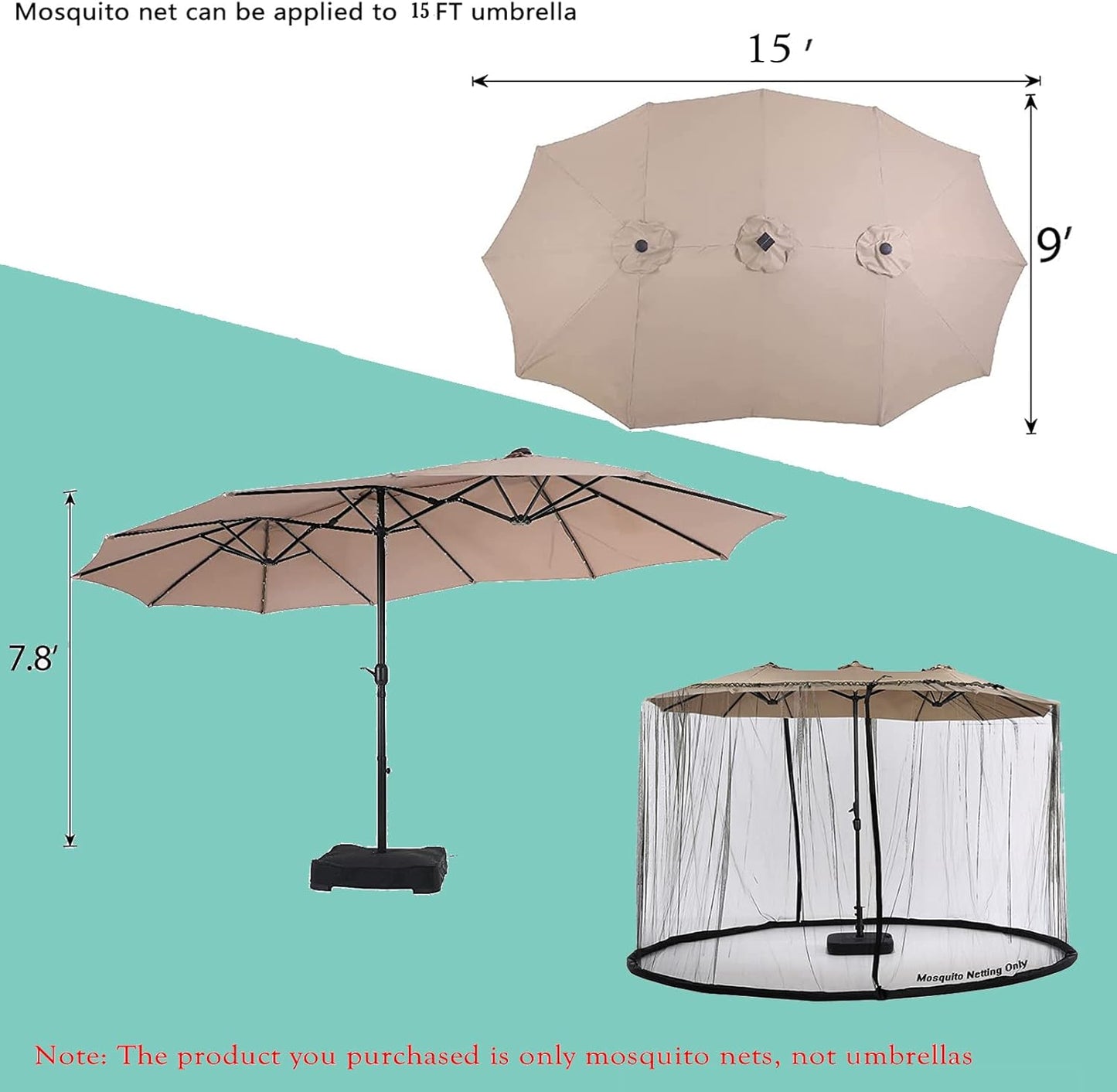 Mosquito Neting for 15FT Double-Sided Patio Umbrella Sunbrella Neting Double Zipper Water Pipe Bottom Used and for Patio Gazebo pop up canopy10x10 Interchangeable (Black 15ft)