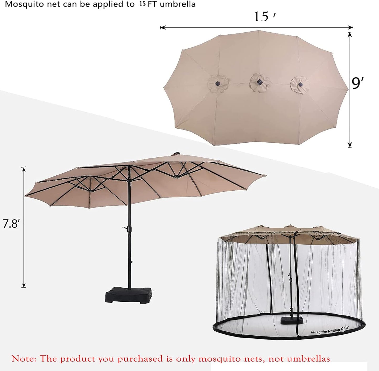 15FT Mosquito Netting for Patio Umbrella Double Sided Patio Umbrella Canopy Netting &10X10 Ft Gazebo (Black)(Does Not Contain Gazebo Patio Umbrela) (15FT Black)