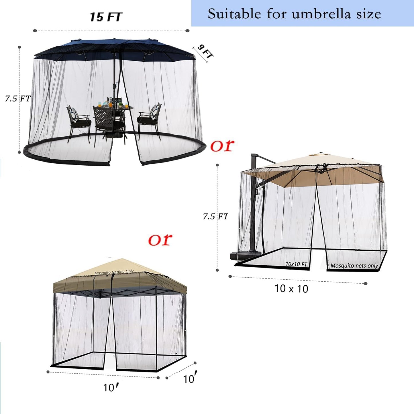 15FT Mosquito Netting for Patio Umbrella Double Sided Patio Umbrella Canopy Netting &10X10 Ft Gazebo (Black)(Does Not Contain Gazebo Patio Umbrela) (15FT Black)