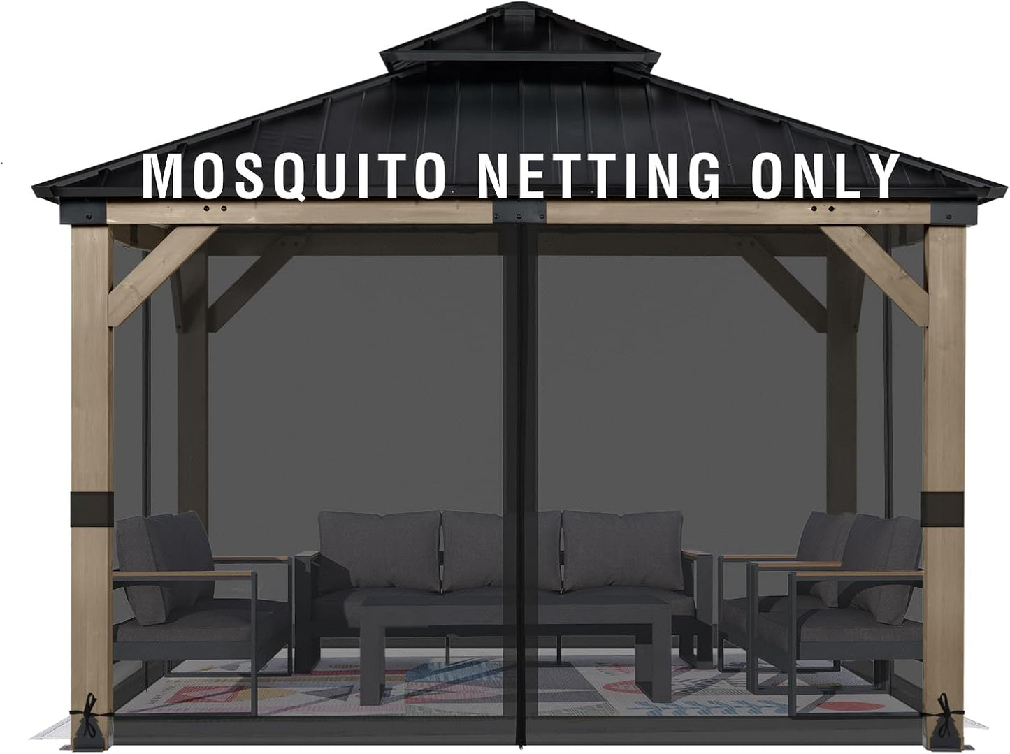 Aoodor Universal 10x12 ft Gazebo Mosquito Netting, Replacement 4-Panel Sidewalls with Double Zippers for Patio, Backyard, Deck, and Lawn (Netting Only, Black)