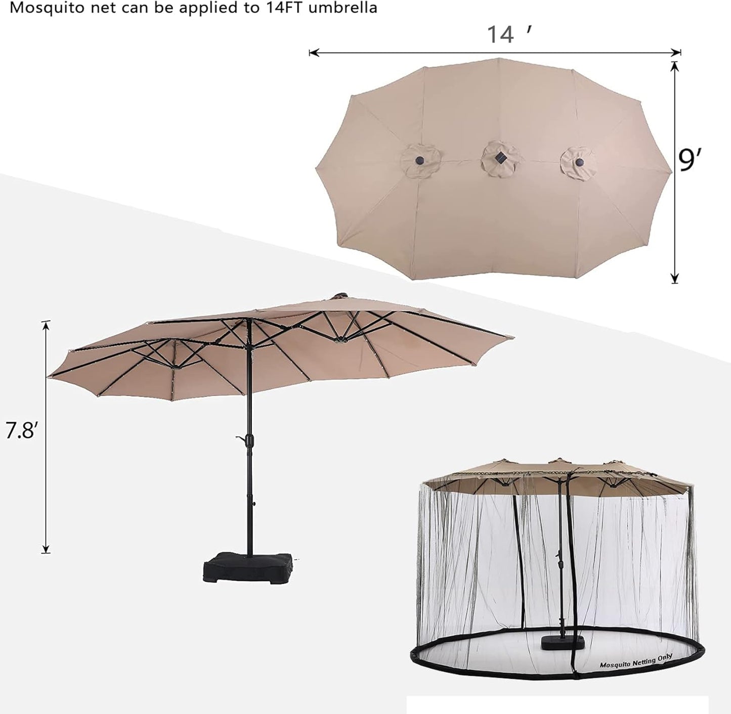 14FT Black Outdoor Umbrella Net, Suitable for Patio Gazebo and Double Sided Patio Umbrella, Tear-Resistant Mesh Fabric, Easy Installation