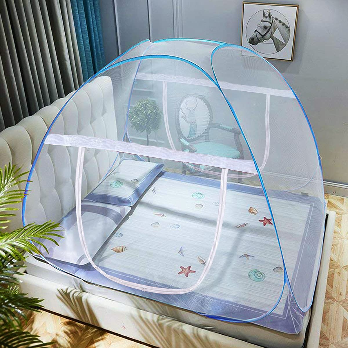 AMMER Pop Up Mosquito Net Tent for Beds, Portable Foldable Mosquito Netting Folding Design with Net Bottom,2 Entries,Suit for Twin to King Size Bed (79x71x59inch)