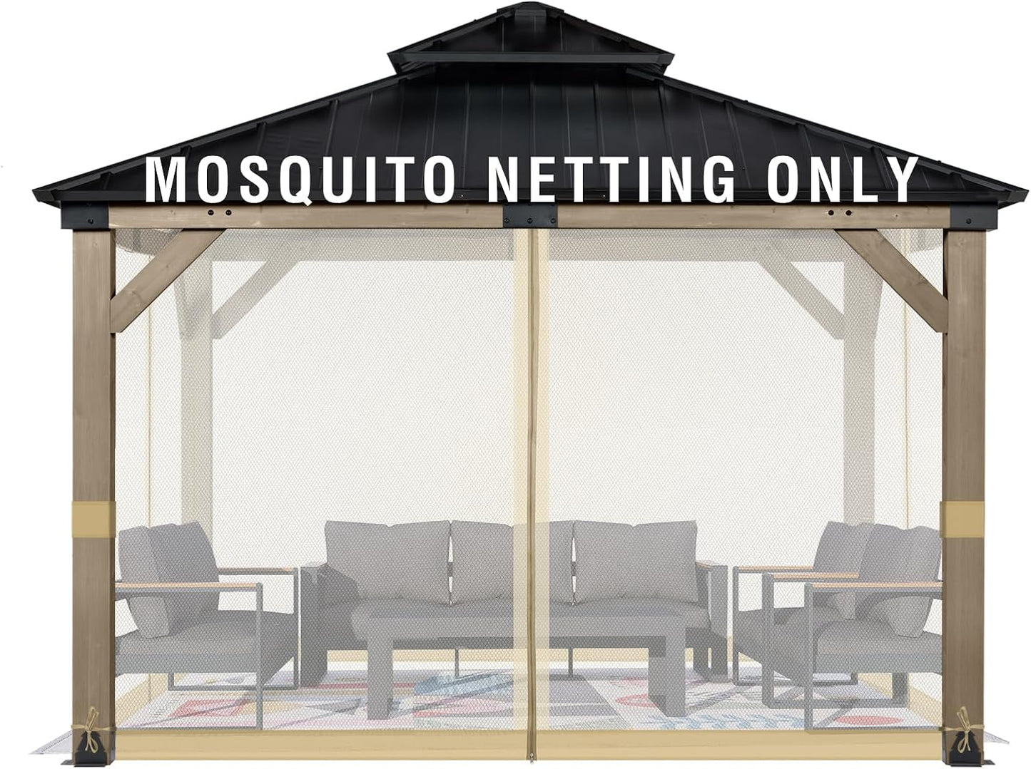Aoodor Universal 10x12 ft Gazebo Mosquito Netting, Replacement 4-Panel Sidewalls with Double Zippers for Patio, Backyard, Deck, and Lawn (Netting Only, Black)