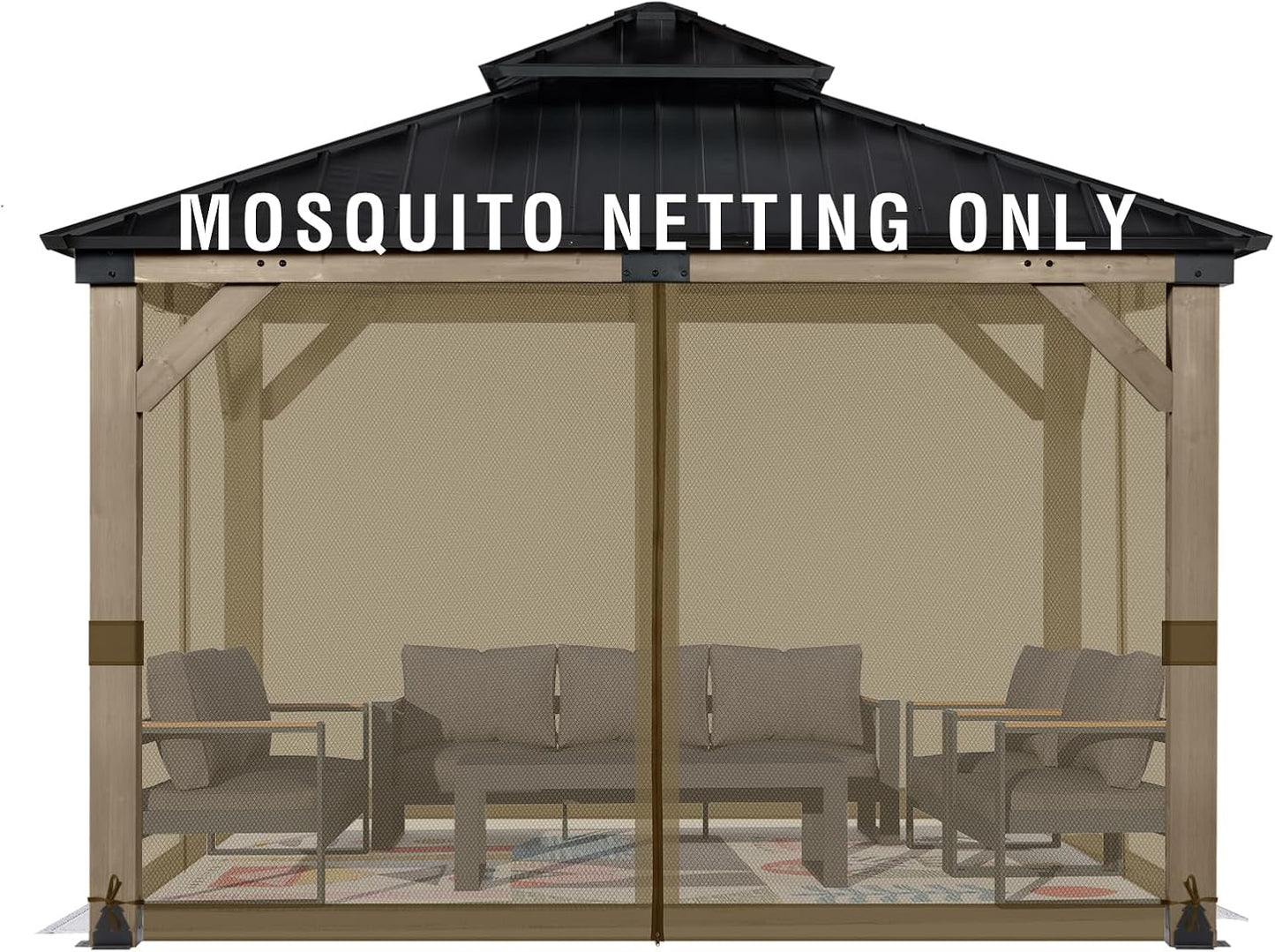 Aoodor Universal 10x12 ft Gazebo Mosquito Netting, Replacement 4-Panel Sidewalls with Double Zippers for Patio, Backyard, Deck, and Lawn (Netting Only, Black)