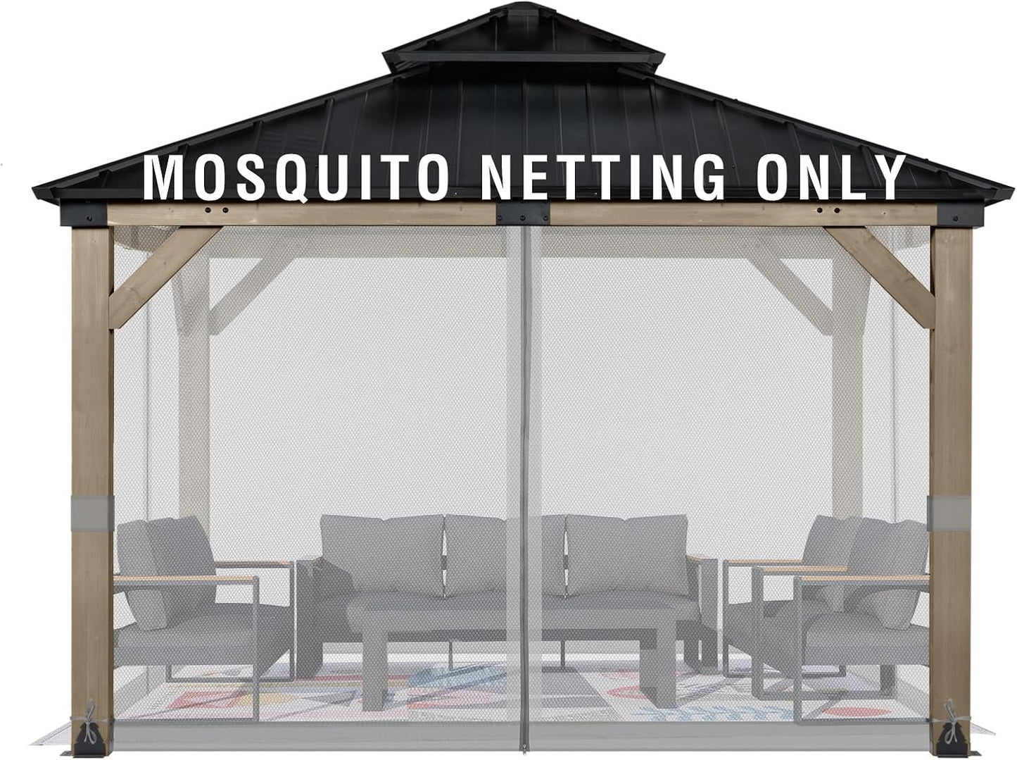 Aoodor Universal 10x12 ft Gazebo Mosquito Netting, Replacement 4-Panel Sidewalls with Double Zippers for Patio, Backyard, Deck, and Lawn (Netting Only, Black)