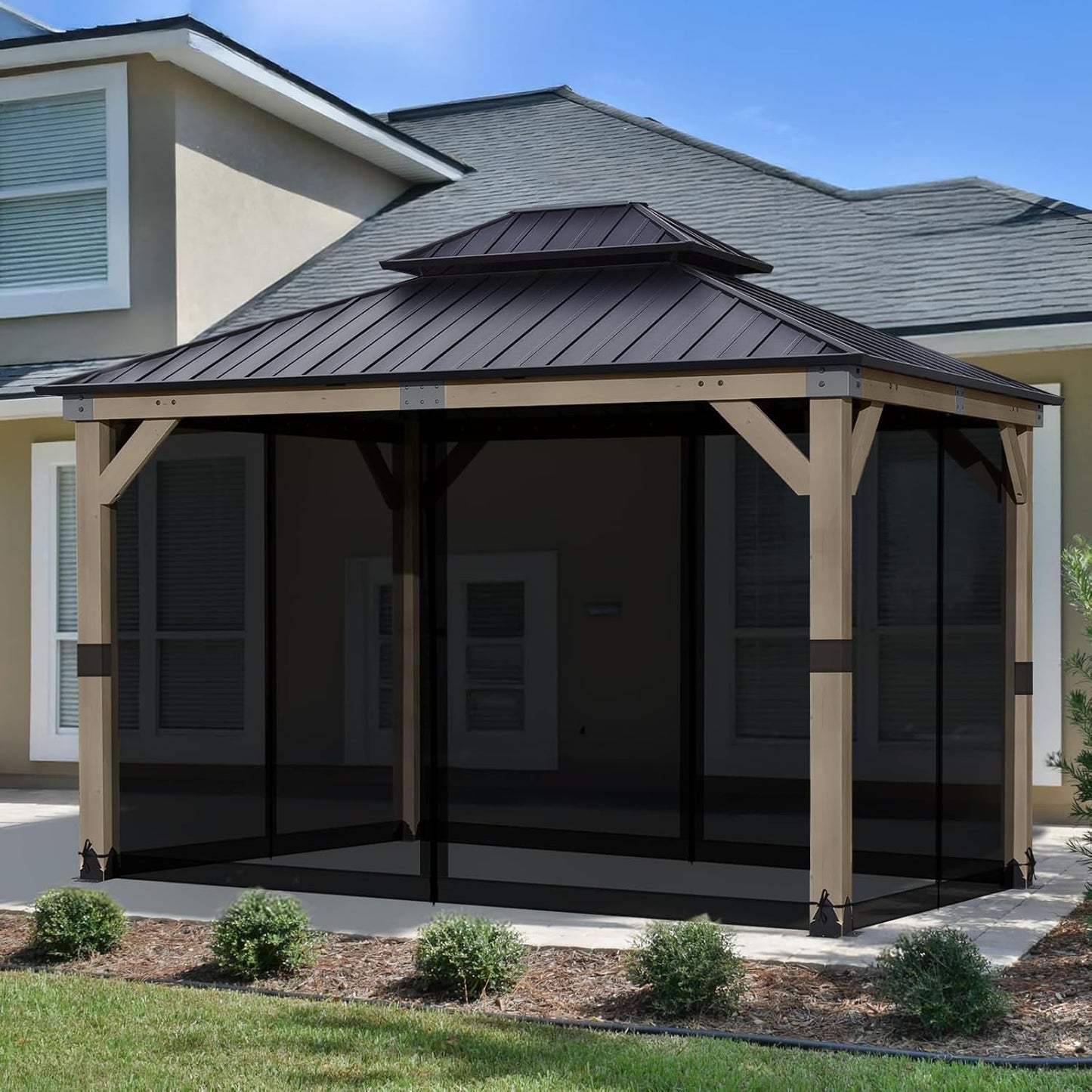 Aoodor Universal 10x12 ft Gazebo Mosquito Netting, Replacement 4-Panel Sidewalls with Double Zippers for Patio, Backyard, Deck, and Lawn (Netting Only, Black)