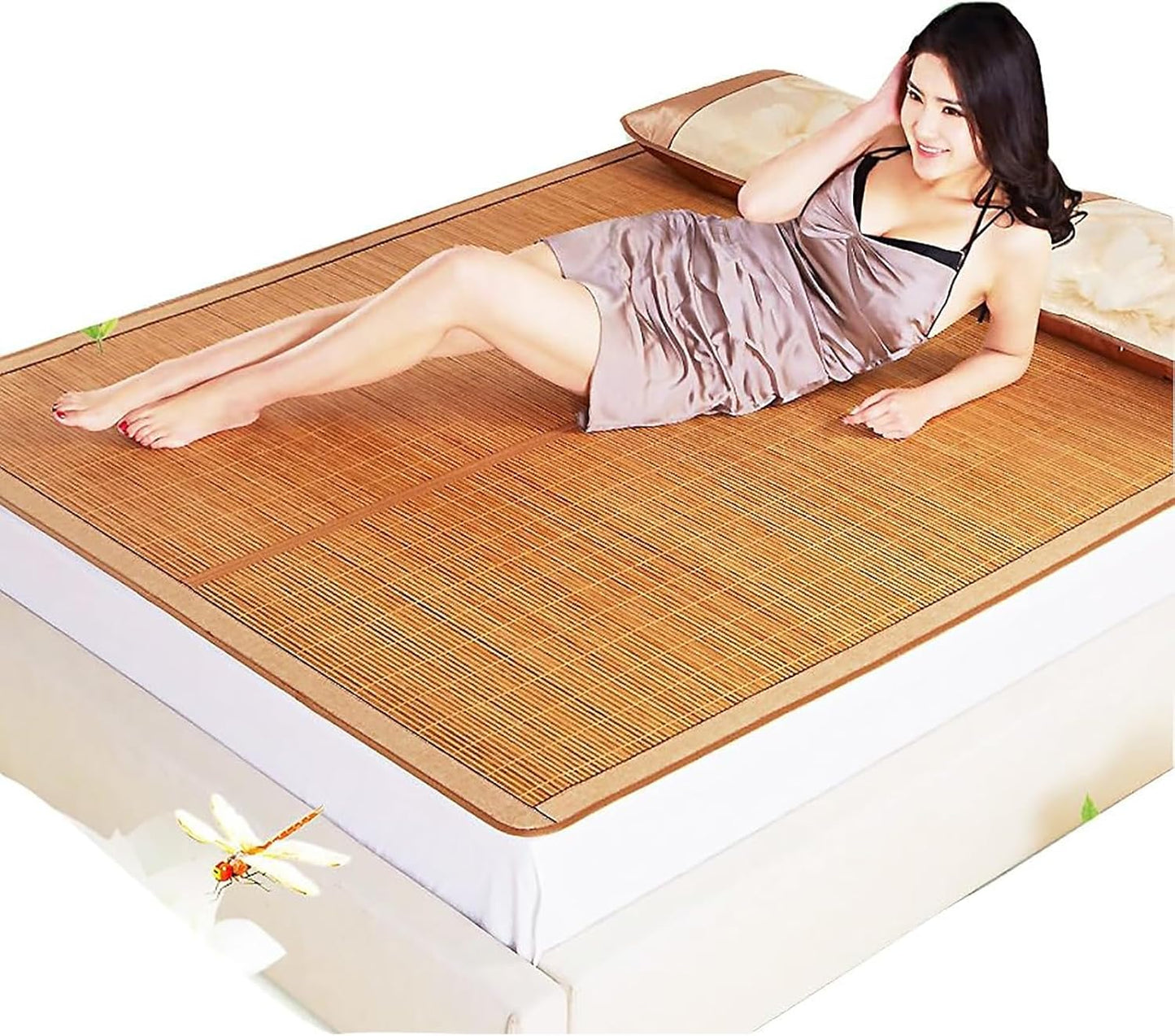 Summer Bamboo Sleeping Mat, Foldable Double Sided Mat for Bed, Mattress Topper Twin/Queen Cool Mat for Living Room Floor (90x190cm/35.4x74.8inch)