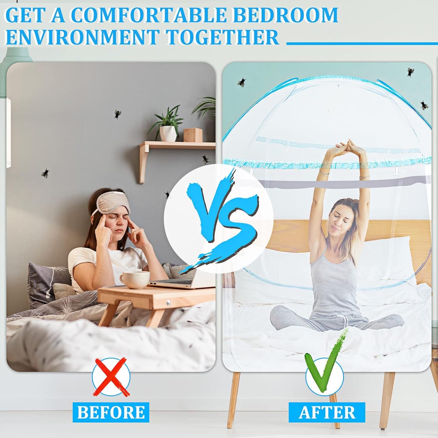 Tudomro 2 Pcs Pop Up Mosquito Net Tent with Bottom 79 x 71 x 59 Inch Folding Design Bed Canopy Portable Mesh Tent for Queen to King Size Bed Bedroom and Outdoor Trip, Easy to Install