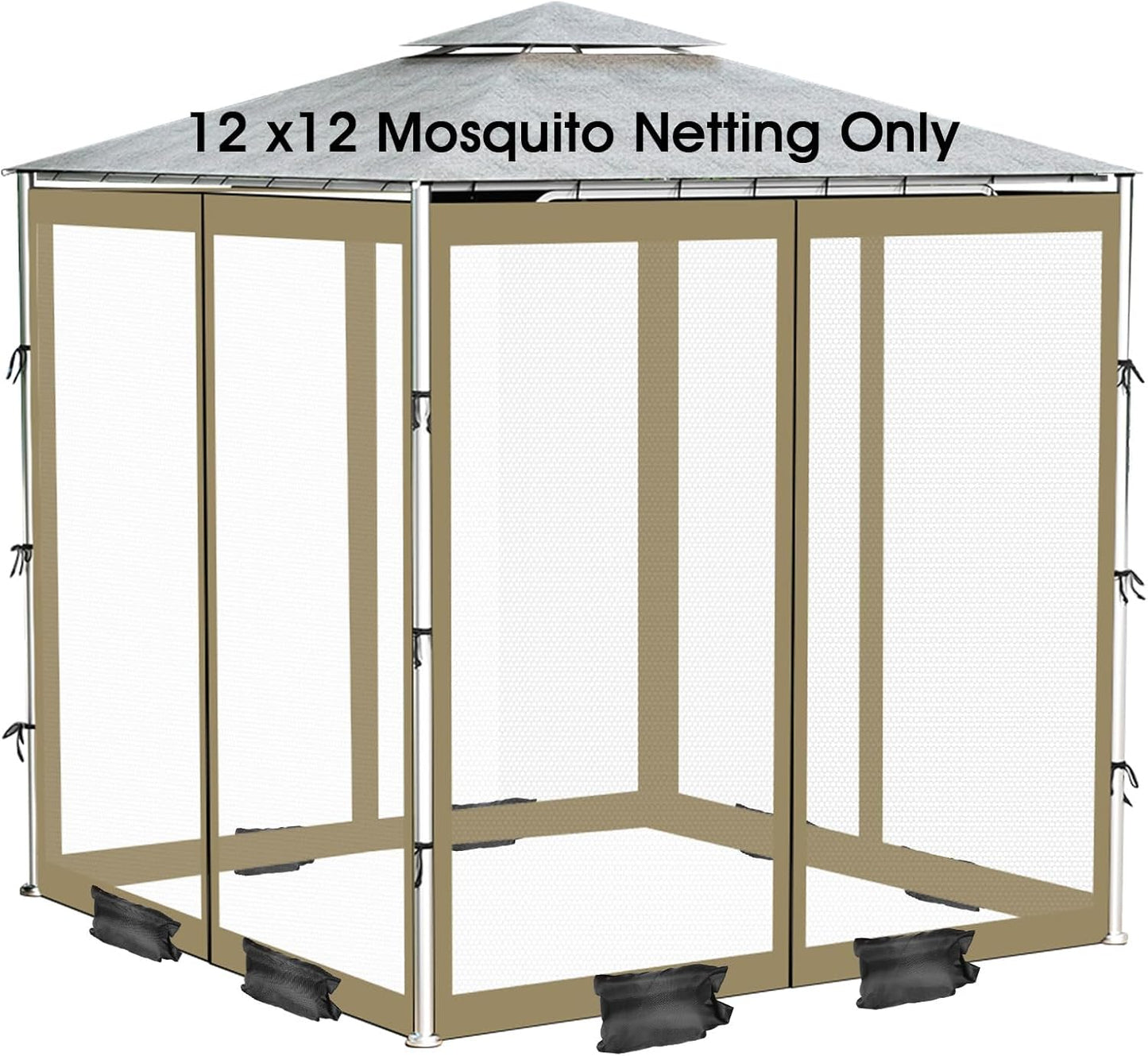 ShowyLive 12x12 Patio Umbrella Mosquito Netting with Zipper 4 Doors & 8 Weight Bag - Adjustable Polyester Mesh Bug Screen for Outdoor Umbrellas, Garden, Patio Tables (Brown)