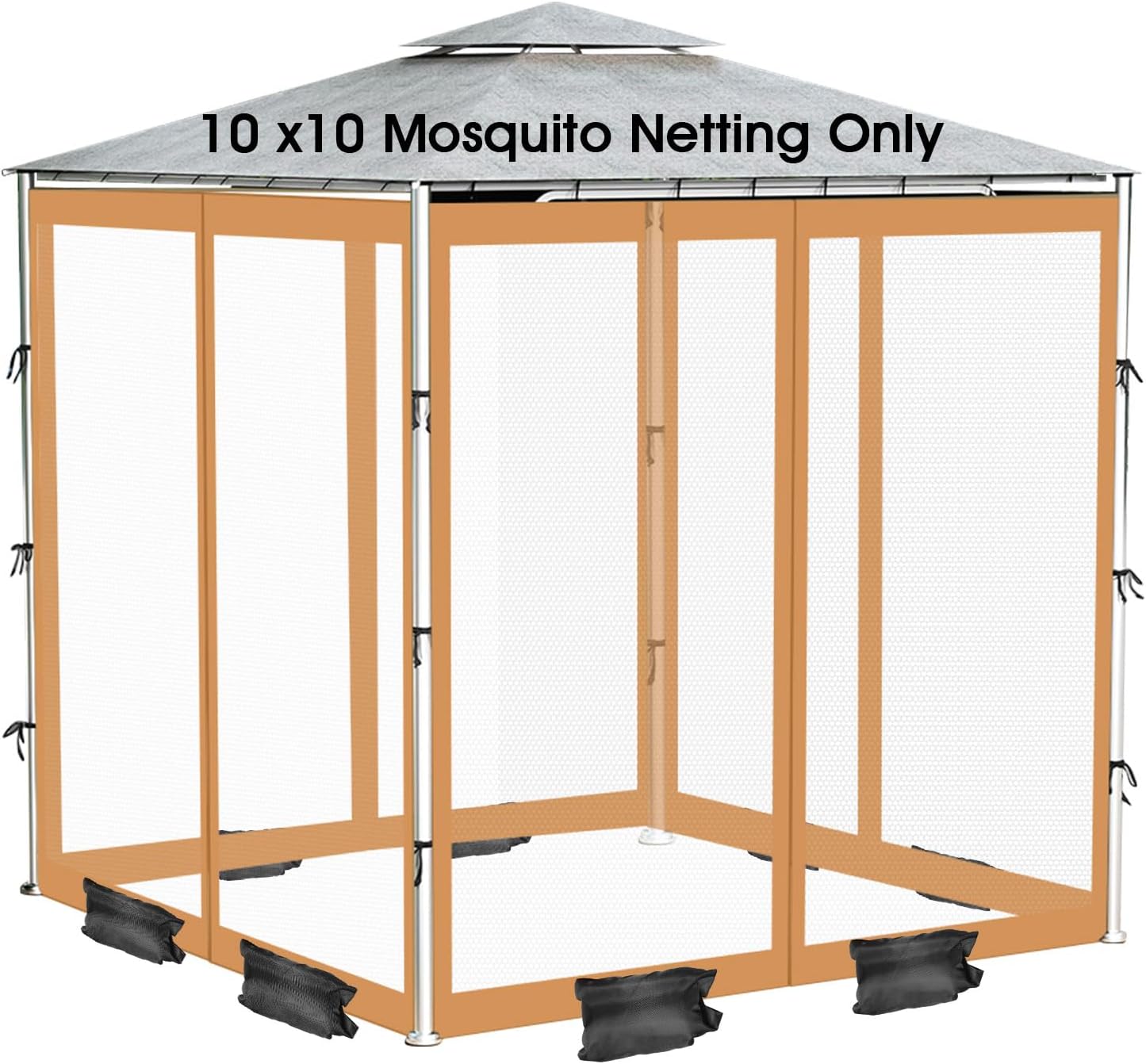 ShowyLive 12x12 Patio Umbrella Mosquito Netting with Zipper 4 Doors & 8 Weight Bag - Adjustable Polyester Mesh Bug Screen for Outdoor Umbrellas, Garden, Patio Tables (Brown)