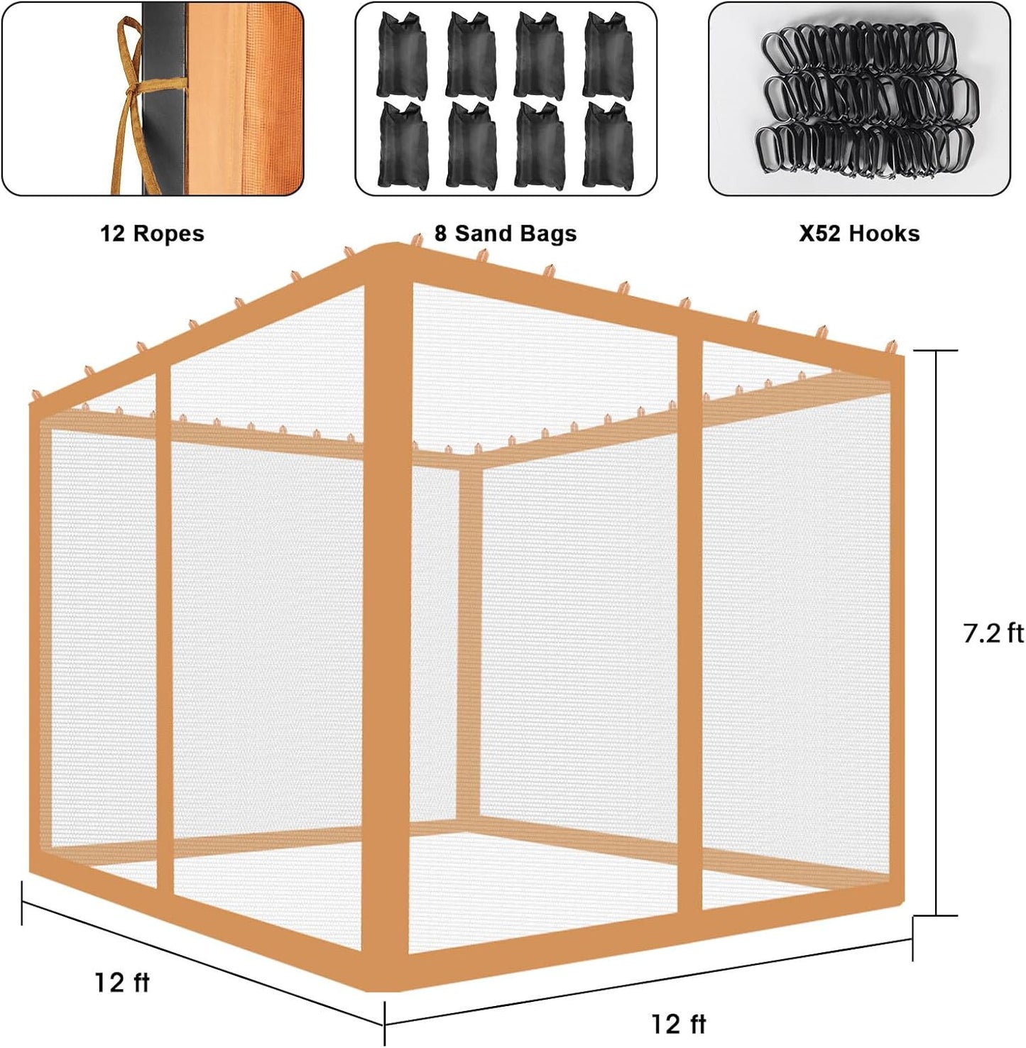 ShowyLive 12x12 Patio Umbrella Mosquito Netting with Zipper 4 Doors & 8 Weight Bag - Adjustable Polyester Mesh Bug Screen for Outdoor Umbrellas, Garden, Patio Tables (Brown)