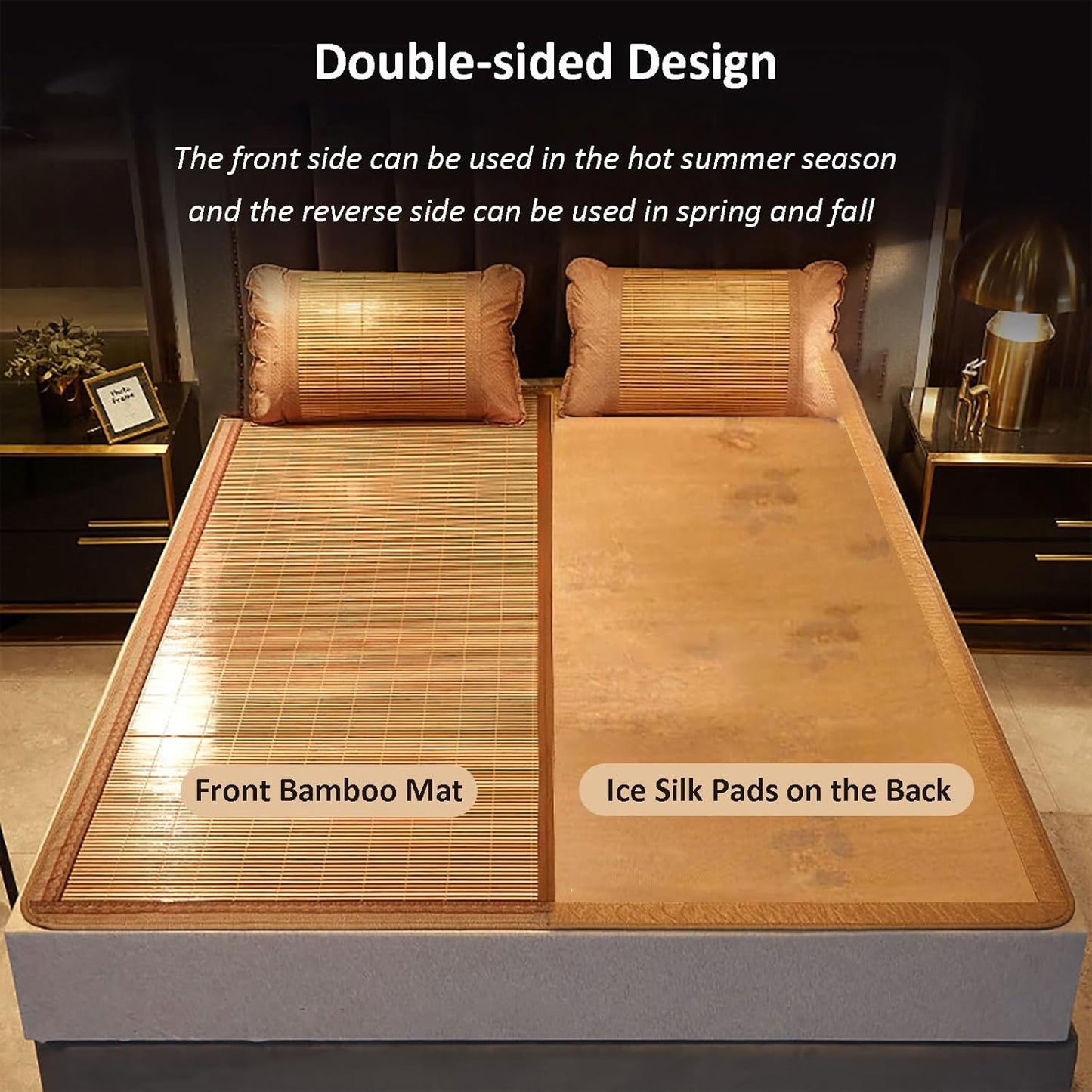 Summer Bamboo Sleeping Mat, Double Sided Mat for Bed, Breathable Carbonized Bamboo Mattress Topper Air Conditioning Mat for Twin/Queen Living Room Dormitory