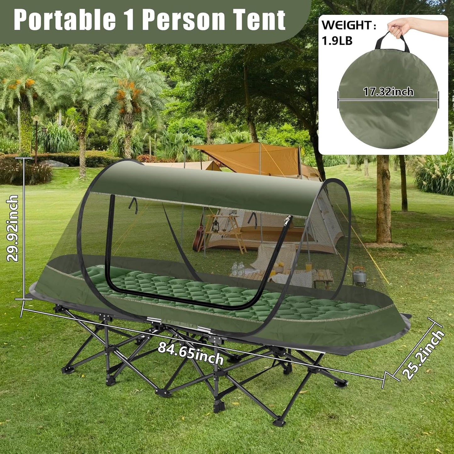 Pop-Up Mosquito Tent for Camping, 1 Person Bug Net Cot Tent, 3s Automatic Setup Screen Net for Adults & Kids, Fits with Camping Cot, Lightweight & Portable for Outdoor Hiking Traveling