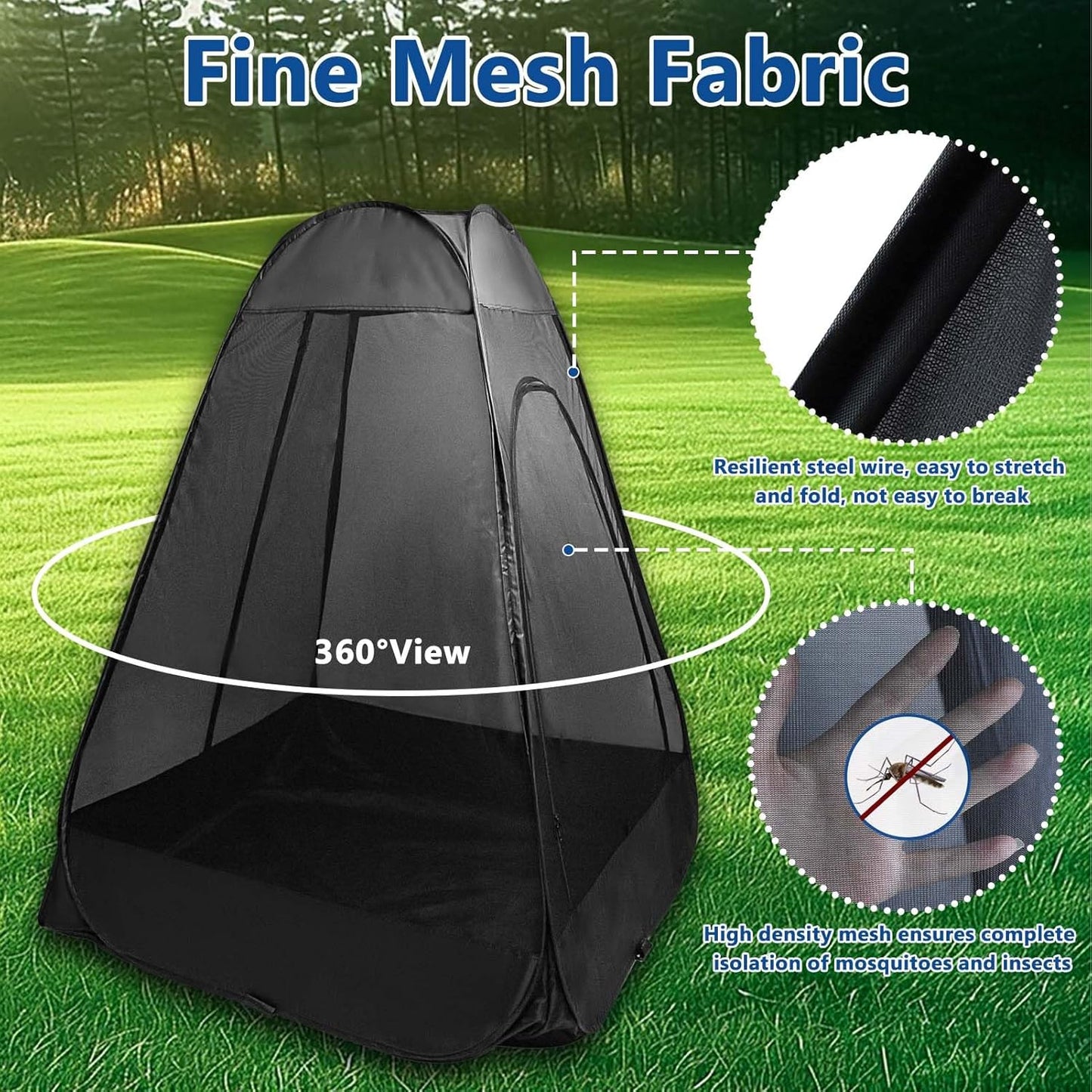 1-Person Camping Chair Pop up Tent, 47"x47"x59" See Through Single Mesh Tent Bugs Barrier Mosquito Net 2 Zipper Doors Outdoor Sports Pod Shelter with Bag for Fishing, Not Included Chair