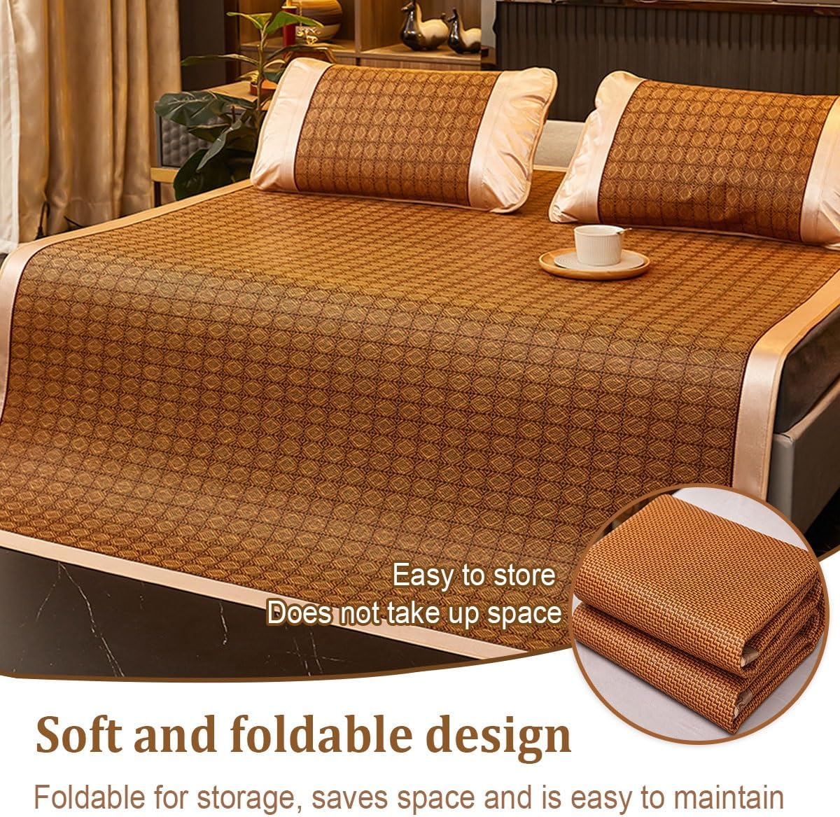 Summer Bamboo Sleeping mat, Summer Cooling Bamboo Sleeping Mat Foldable, Traditional Chinese Rattan Pad Cooling Mattress, Foldable Breathable, for Single Double Queen-Size(Color D,150cm)