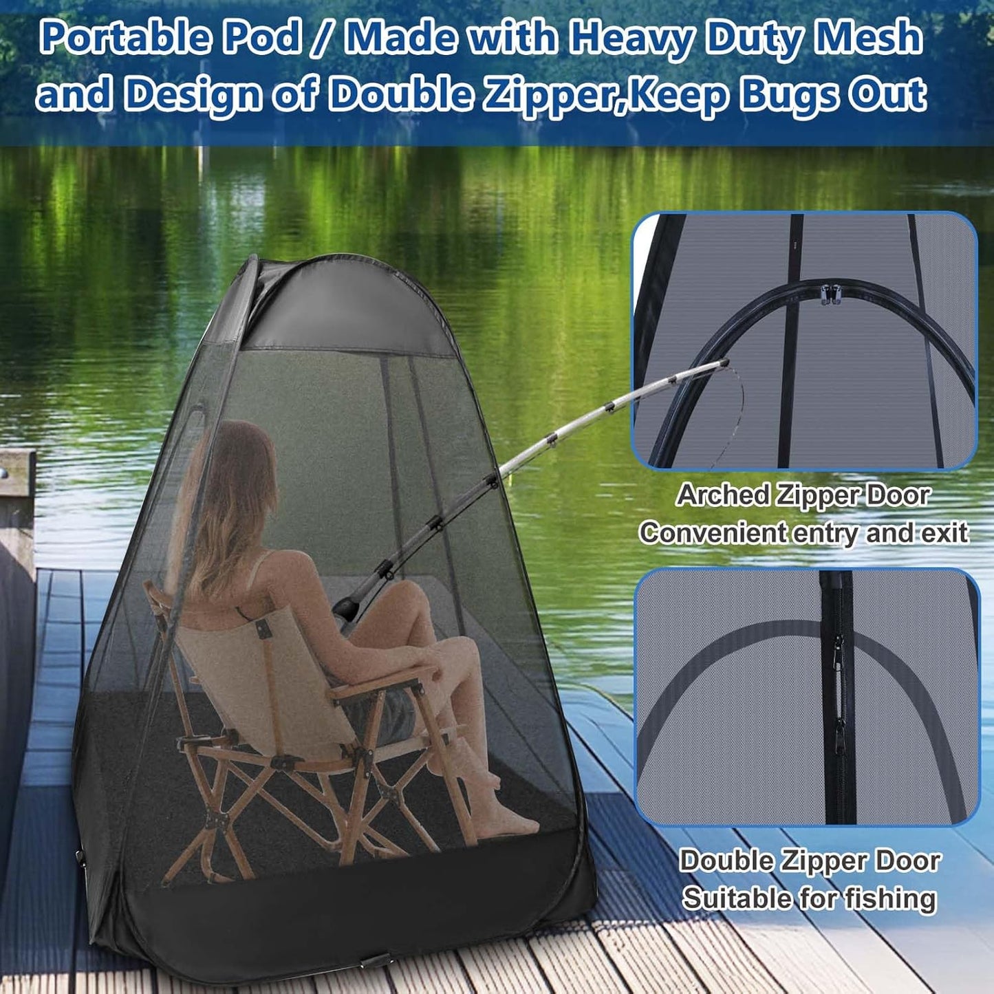1-Person Camping Chair Pop up Tent, 47"x47"x59" See Through Single Mesh Tent Bugs Barrier Mosquito Net 2 Zipper Doors Outdoor Sports Pod Shelter with Bag for Fishing, Not Included Chair