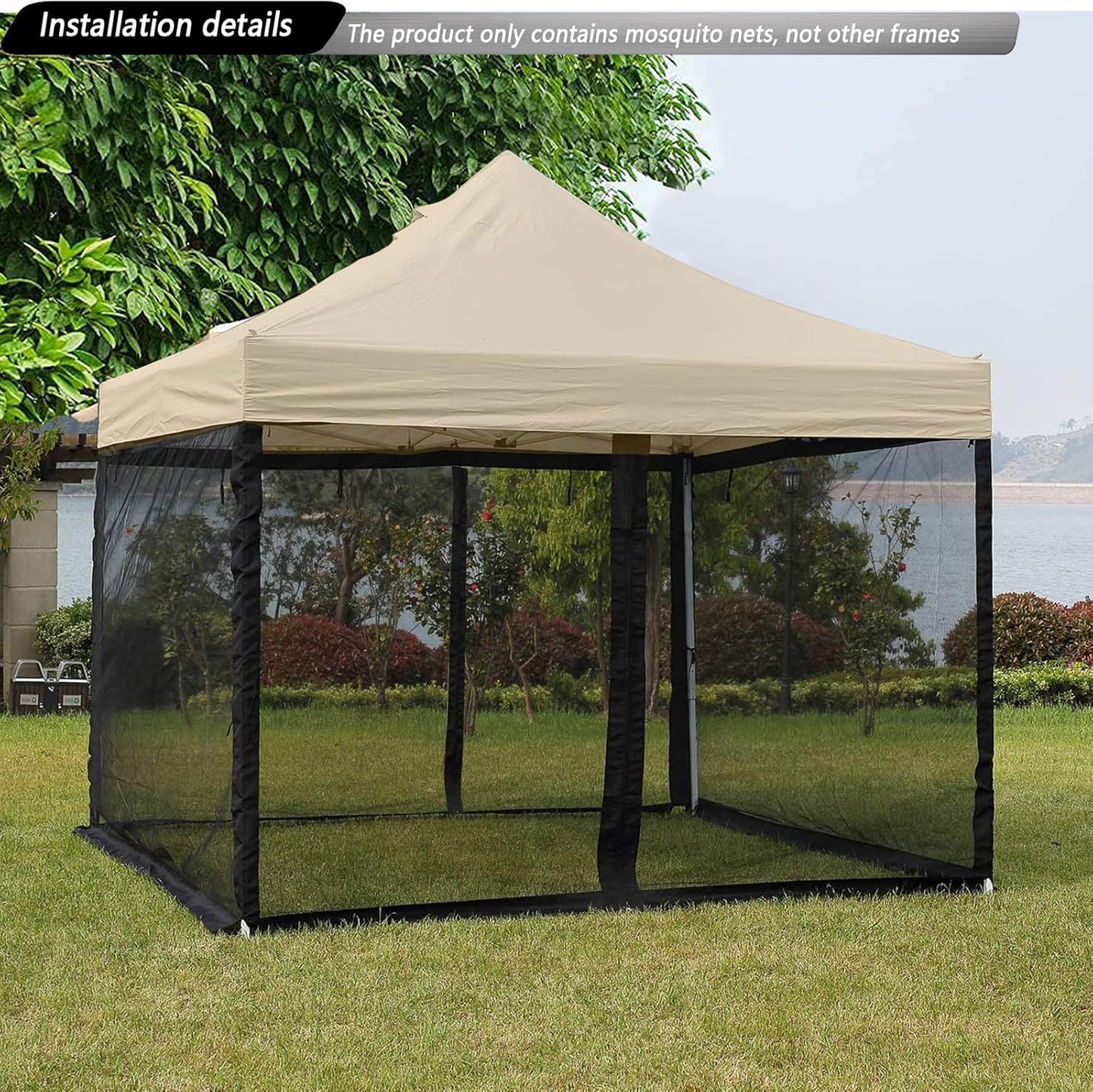 10x10 Mosquito Netting for Patio Camping Gazebo/Pop Up Canopy Tent,Double Door Side Screen Easy Installation Black(Only Mosquito Net No Frame) (Embedded 10x10)