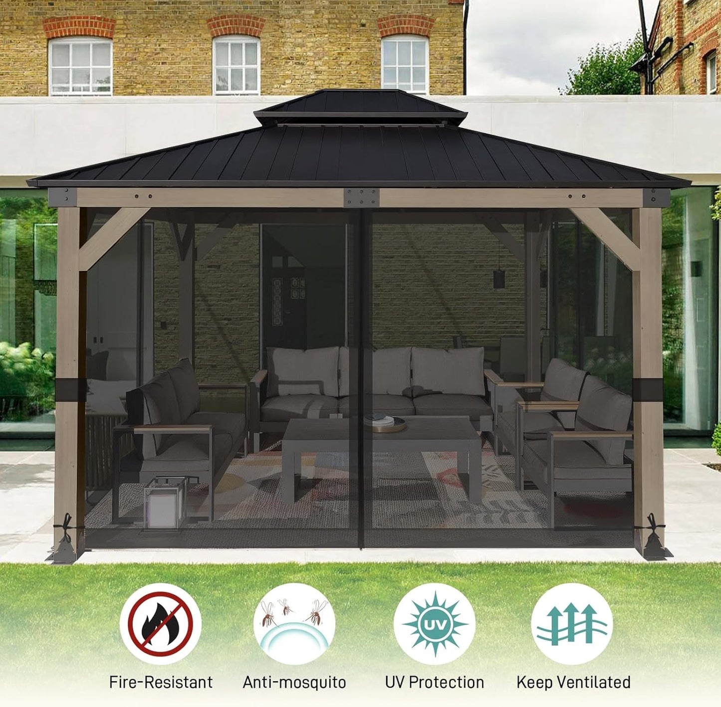 Aoodor Universal 10x12 ft Gazebo Mosquito Netting, Replacement 4-Panel Sidewalls with Double Zippers for Patio, Backyard, Deck, and Lawn (Netting Only, Black)