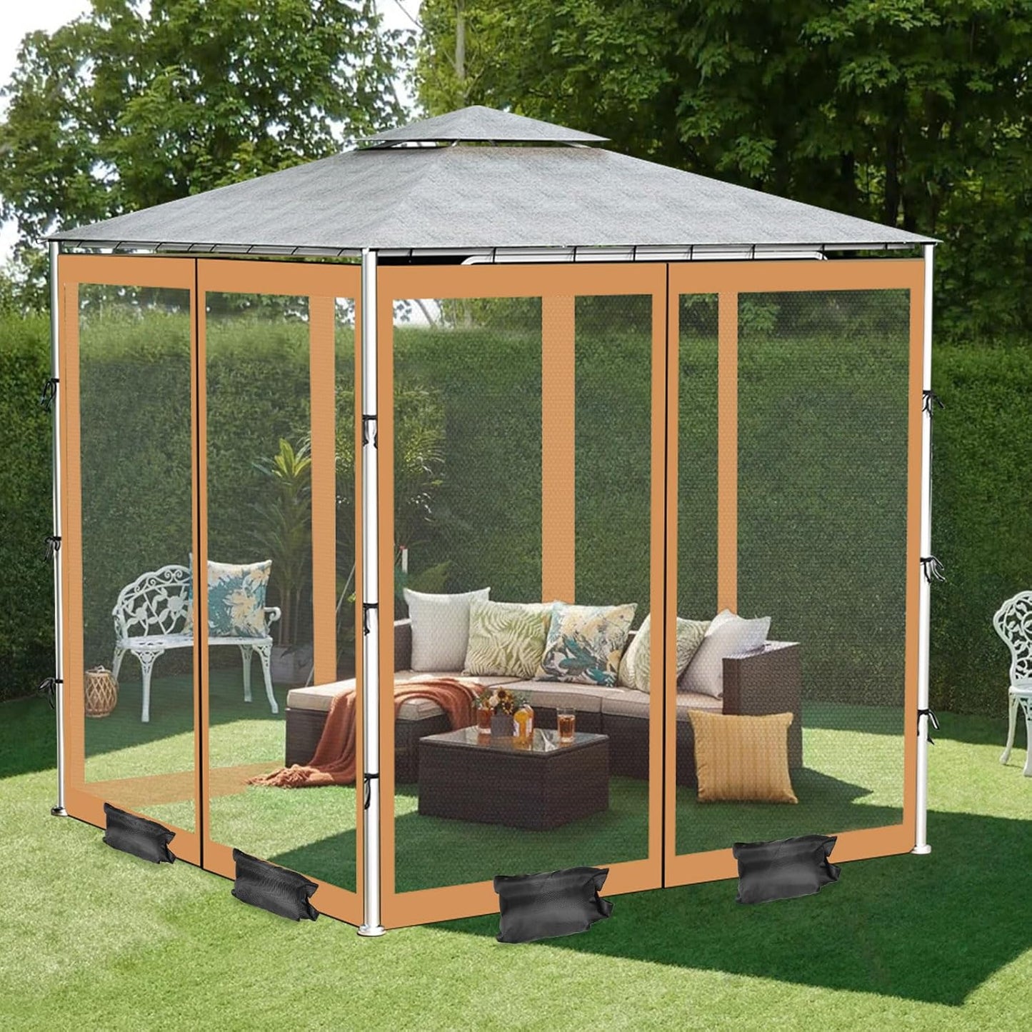 ShowyLive 12x12 Patio Umbrella Mosquito Netting with Zipper 4 Doors & 8 Weight Bag - Adjustable Polyester Mesh Bug Screen for Outdoor Umbrellas, Garden, Patio Tables (Brown)