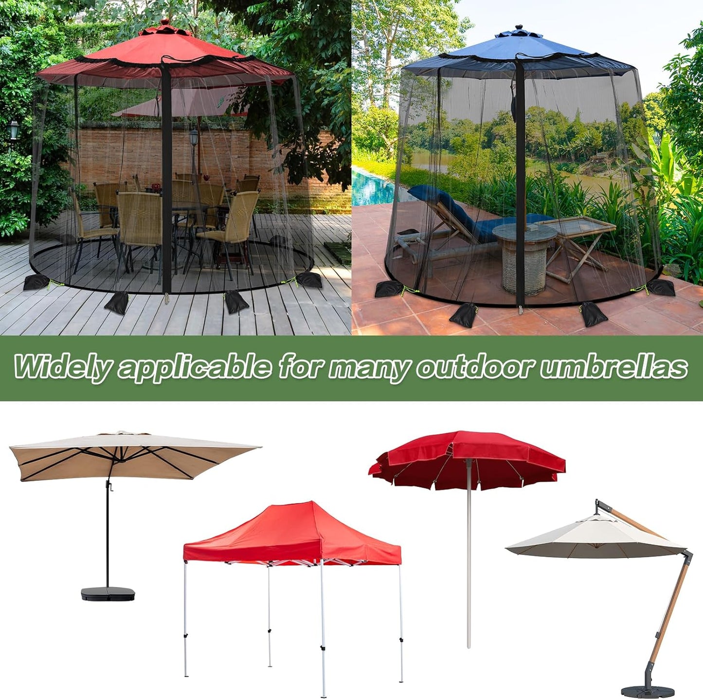Mosquito Netting for Patio - Mosquito Netting for Outdoor Umbrellas and Patio Tables - Patio Mosquito Netting with 2 Zipper Door and 6 Sandbags, 8 Clamps