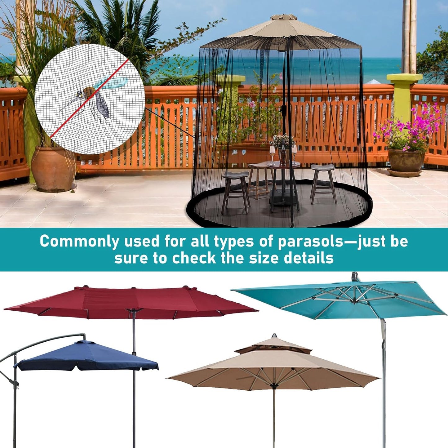ShowyLive 12x12 Patio Umbrella Mosquito Netting with Zipper 4 Doors & 8 Weight Bag - Adjustable Polyester Mesh Bug Screen for Outdoor Umbrellas, Garden, Patio Tables (Brown)