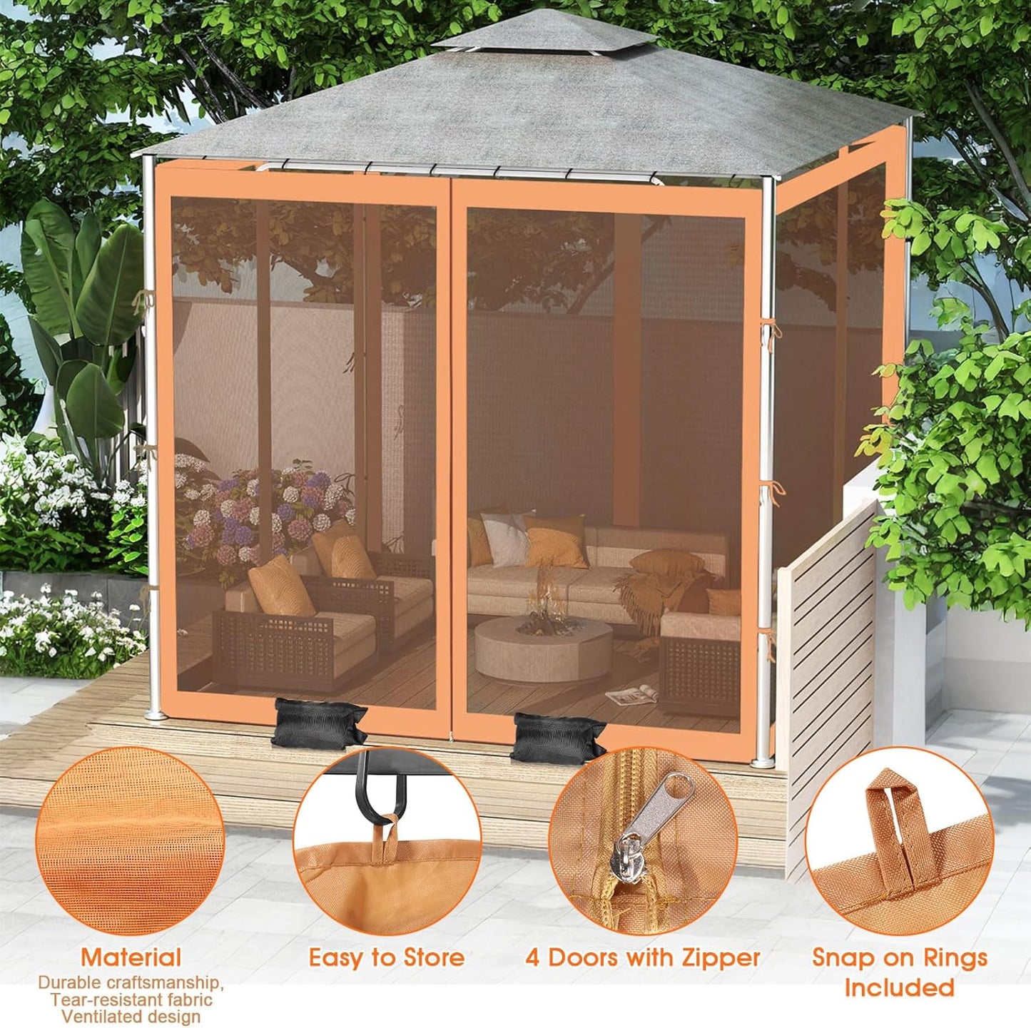 ShowyLive 12x12 Patio Umbrella Mosquito Netting with Zipper 4 Doors & 8 Weight Bag - Adjustable Polyester Mesh Bug Screen for Outdoor Umbrellas, Garden, Patio Tables (Brown)