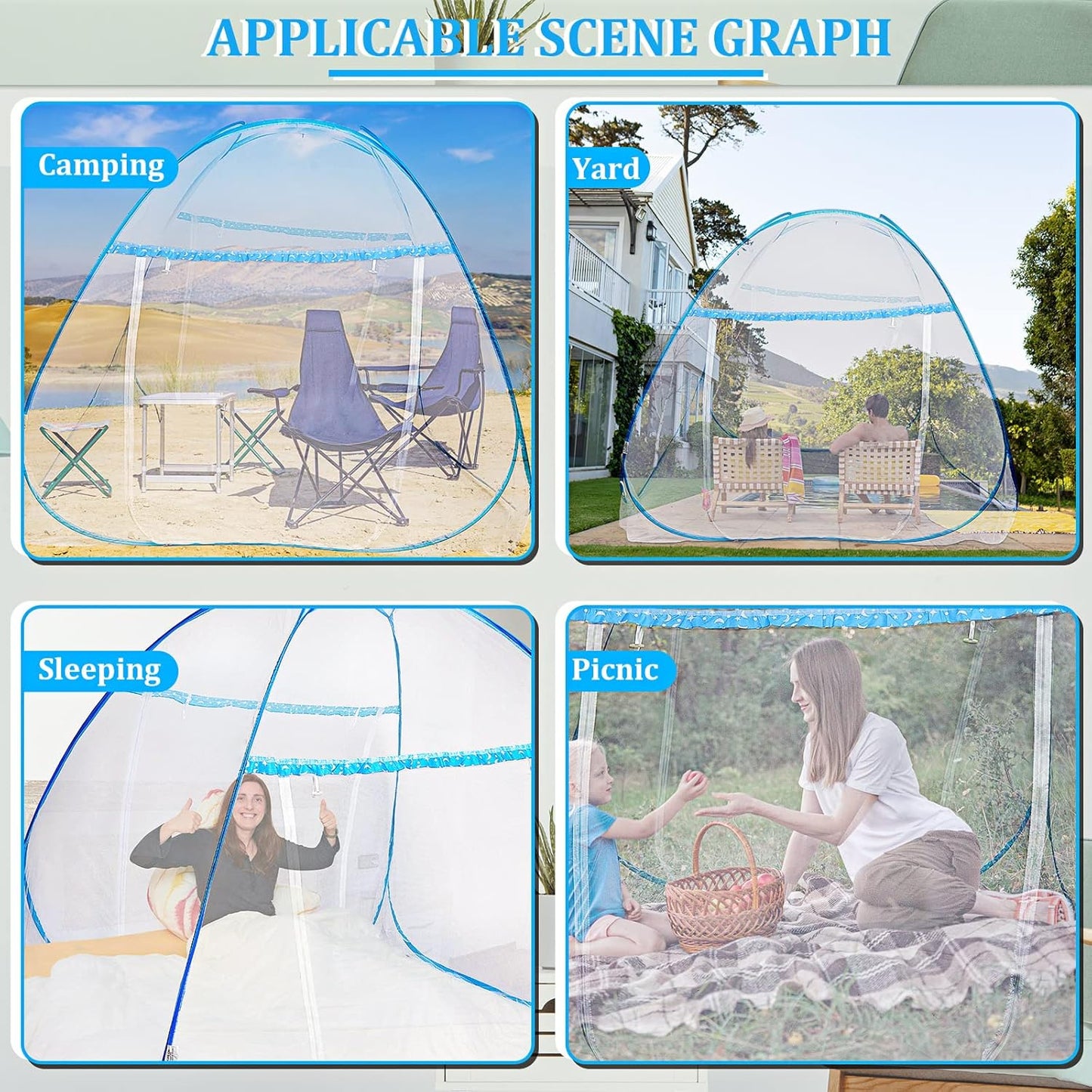 Tudomro 2 Pcs Pop Up Mosquito Net Tent with Bottom 79 x 71 x 59 Inch Folding Design Bed Canopy Portable Mesh Tent for Queen to King Size Bed Bedroom and Outdoor Trip, Easy to Install