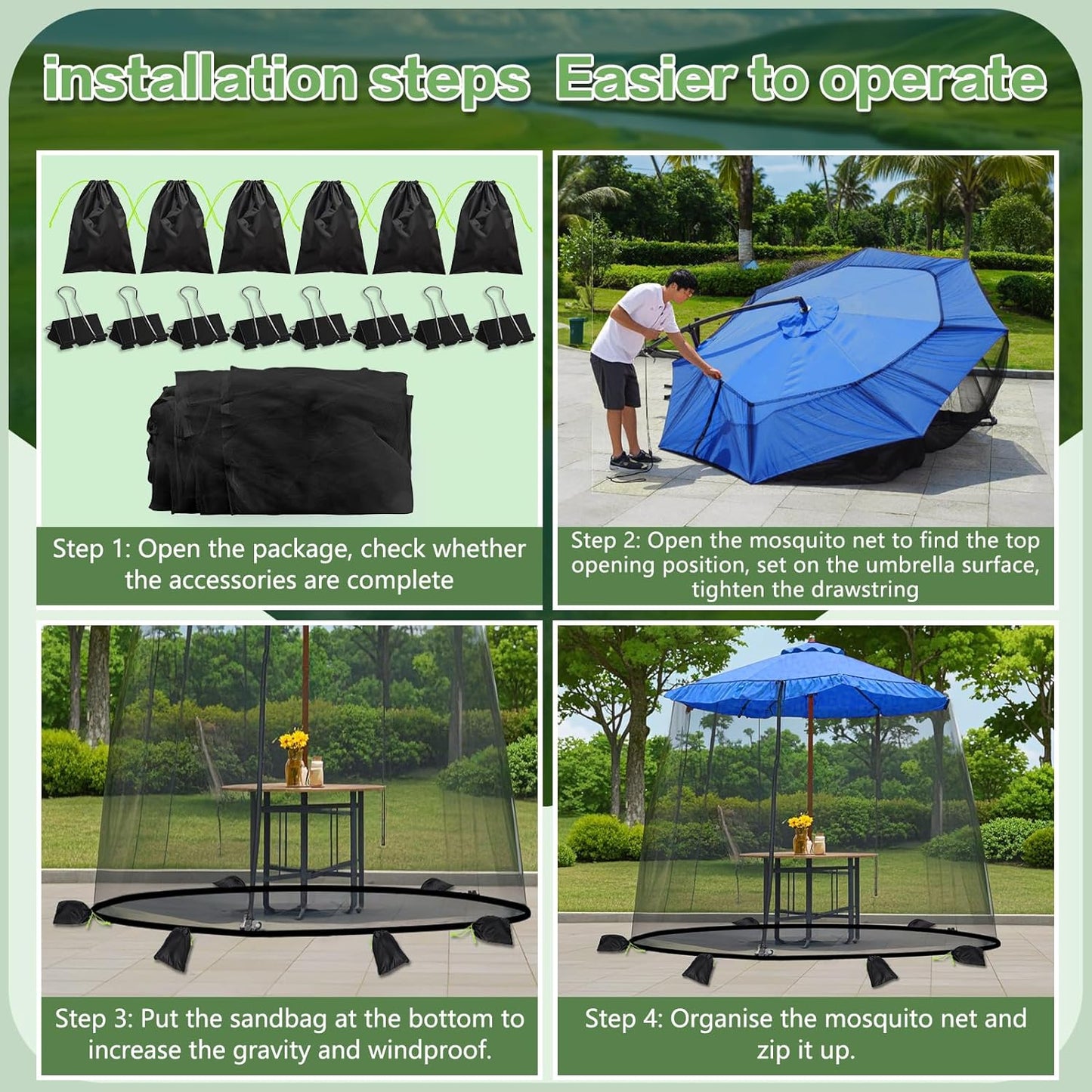 Mosquito Netting for Patio - Mosquito Netting for Outdoor Umbrellas and Patio Tables - Patio Mosquito Netting with 2 Zipper Door and 6 Sandbags, 8 Clamps