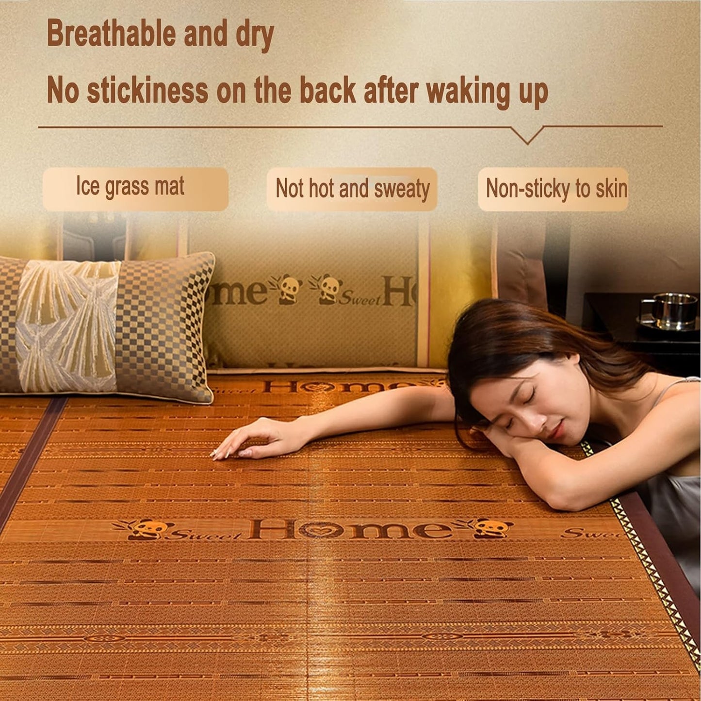 Breathable Carbonized Bamboo Summer Sleeping Mat, Rattan Cooling mat, Folding Mattress Bamboo, Foldable Double Sided Bamboo mat for Bed| Bedroom Essential for Summer Sleeping(with Pillowcase)