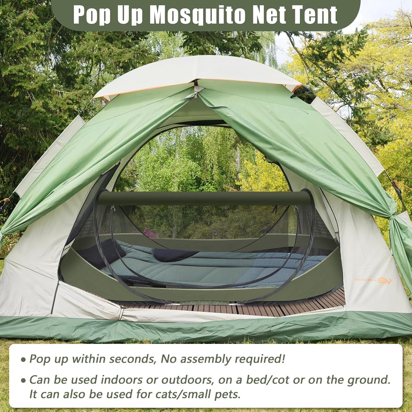 Pop-Up Mosquito Tent for Camping, 1 Person Bug Net Cot Tent, 3s Automatic Setup Screen Net for Adults & Kids, Fits with Camping Cot, Lightweight & Portable for Outdoor Hiking Traveling