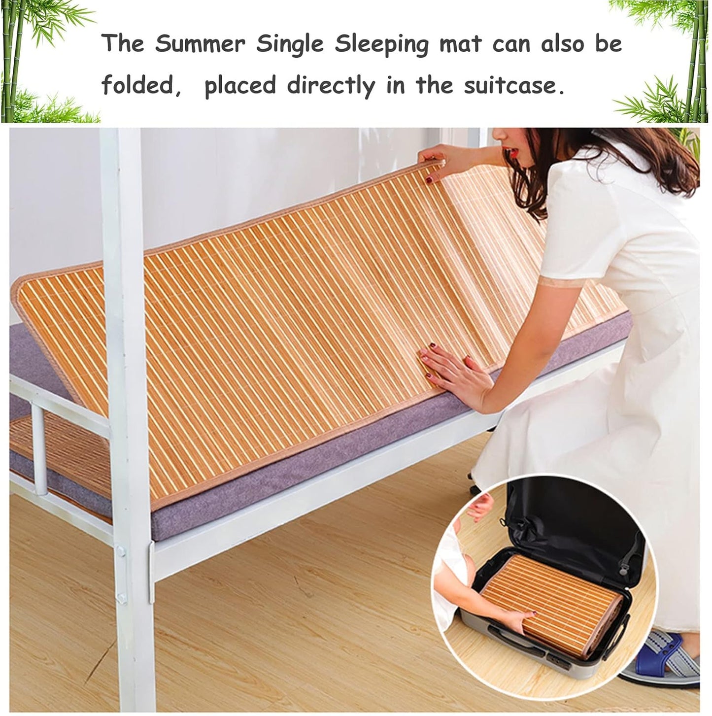 Summer Bamboo Sleeping Mat, Foldable Double Sided Mat for Bed, Mattress Topper Twin/Queen Cool Mat for Living Room Floor (90x190cm/35.4x74.8inch)