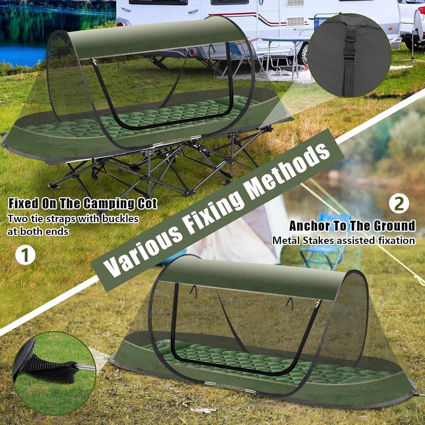 Pop-Up Mosquito Tent for Camping, 1 Person Bug Net Cot Tent, 3s Automatic Setup Screen Net for Adults & Kids, Fits with Camping Cot, Lightweight & Portable for Outdoor Hiking Traveling