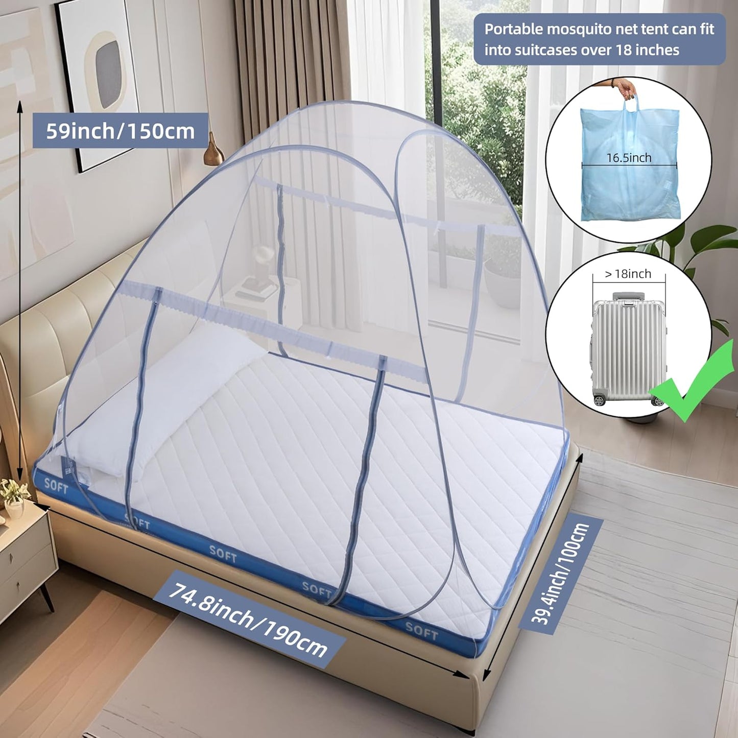 Pop-Up Mosquito Net Tent for Bed, Portable Folding Design Outdoor Camping Bed Tent with Net Bottom for Baby Adults, Easy to Install and Wash for Single/Twin Size Bed 75 x 59 x 39 inch