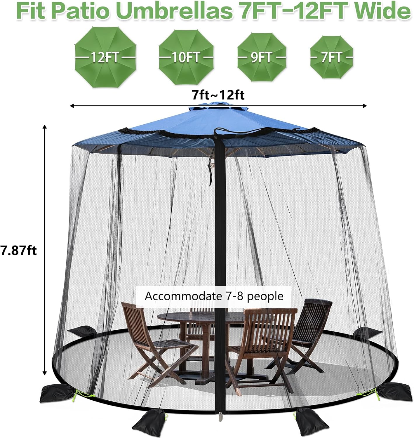 Mosquito Netting for Patio - Mosquito Netting for Outdoor Umbrellas and Patio Tables - Patio Mosquito Netting with 2 Zipper Door and 6 Sandbags, 8 Clamps