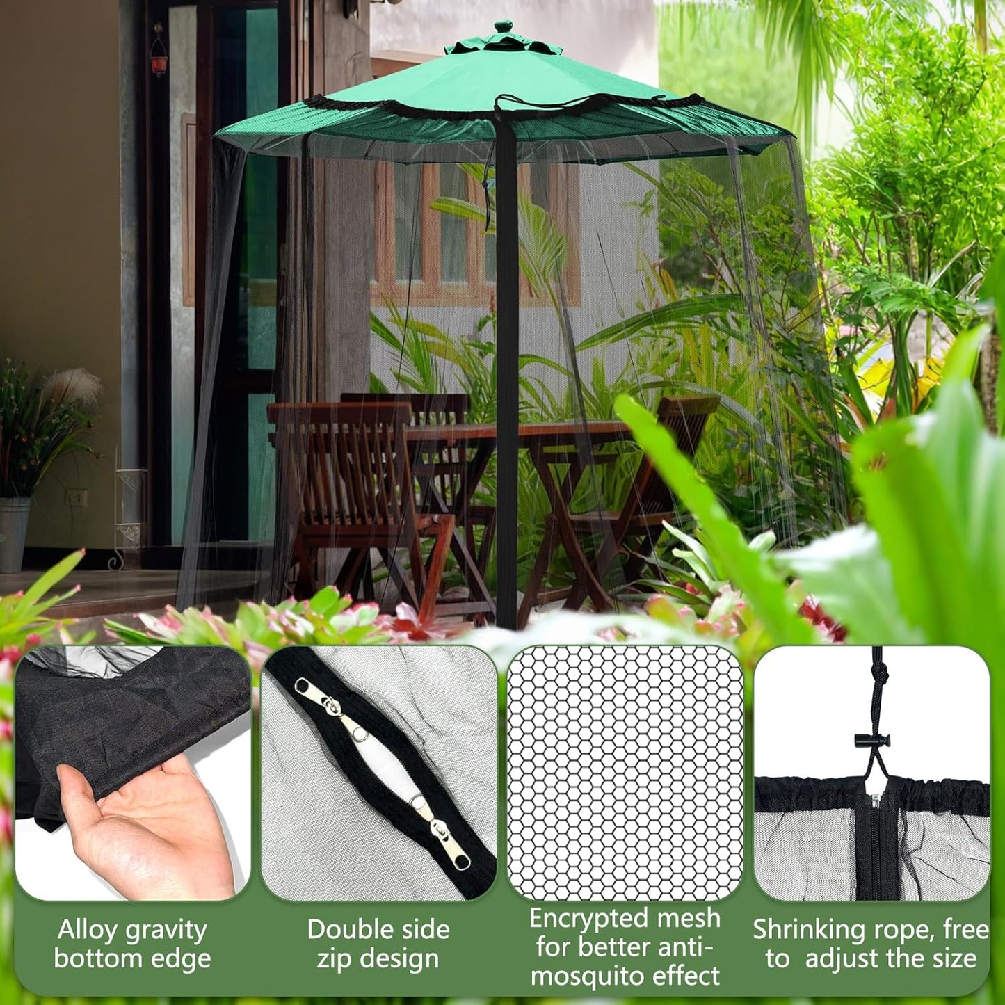 Mosquito Netting for Patio - Mosquito Netting for Outdoor Umbrellas and Patio Tables - Patio Mosquito Netting with 2 Zipper Door and 6 Sandbags, 8 Clamps