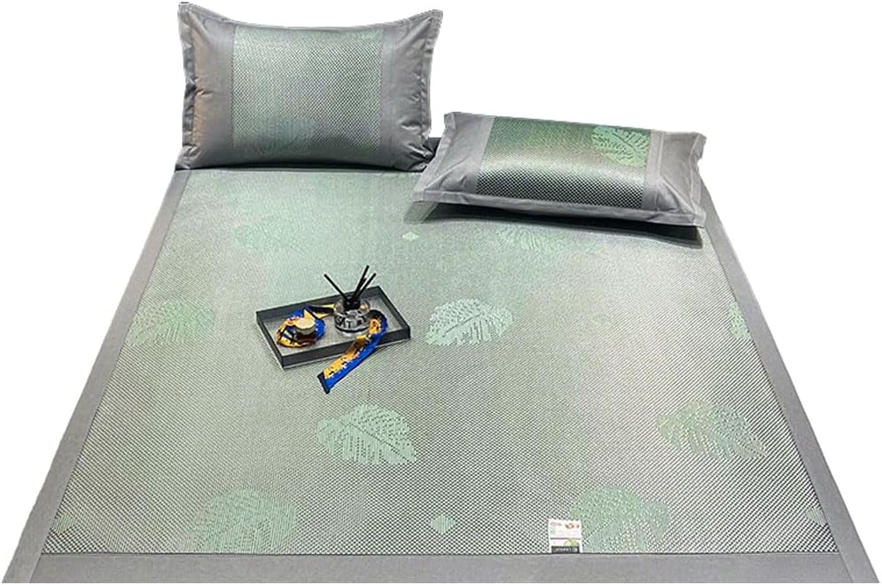 Square Cooling Bedding Mat,Ice Silk Rattan Matting, Jacquard Foldable Mixed Materials of Ice Silk & Rattan,冰藤席 (Green, Queen)