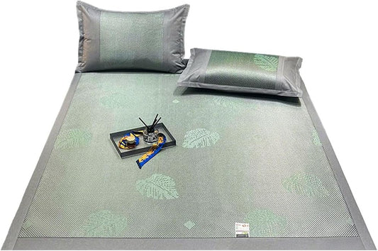 Square Cooling Bedding Mat,Ice Silk Rattan Matting, Jacquard Foldable Mixed Materials of Ice Silk & Rattan,冰藤席 (Green, Queen)
