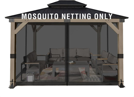 Aoodor Universal 10x12 ft Gazebo Mosquito Netting, Replacement 4-Panel Sidewalls with Double Zippers for Patio, Backyard, Deck, and Lawn (Netting Only, Black)