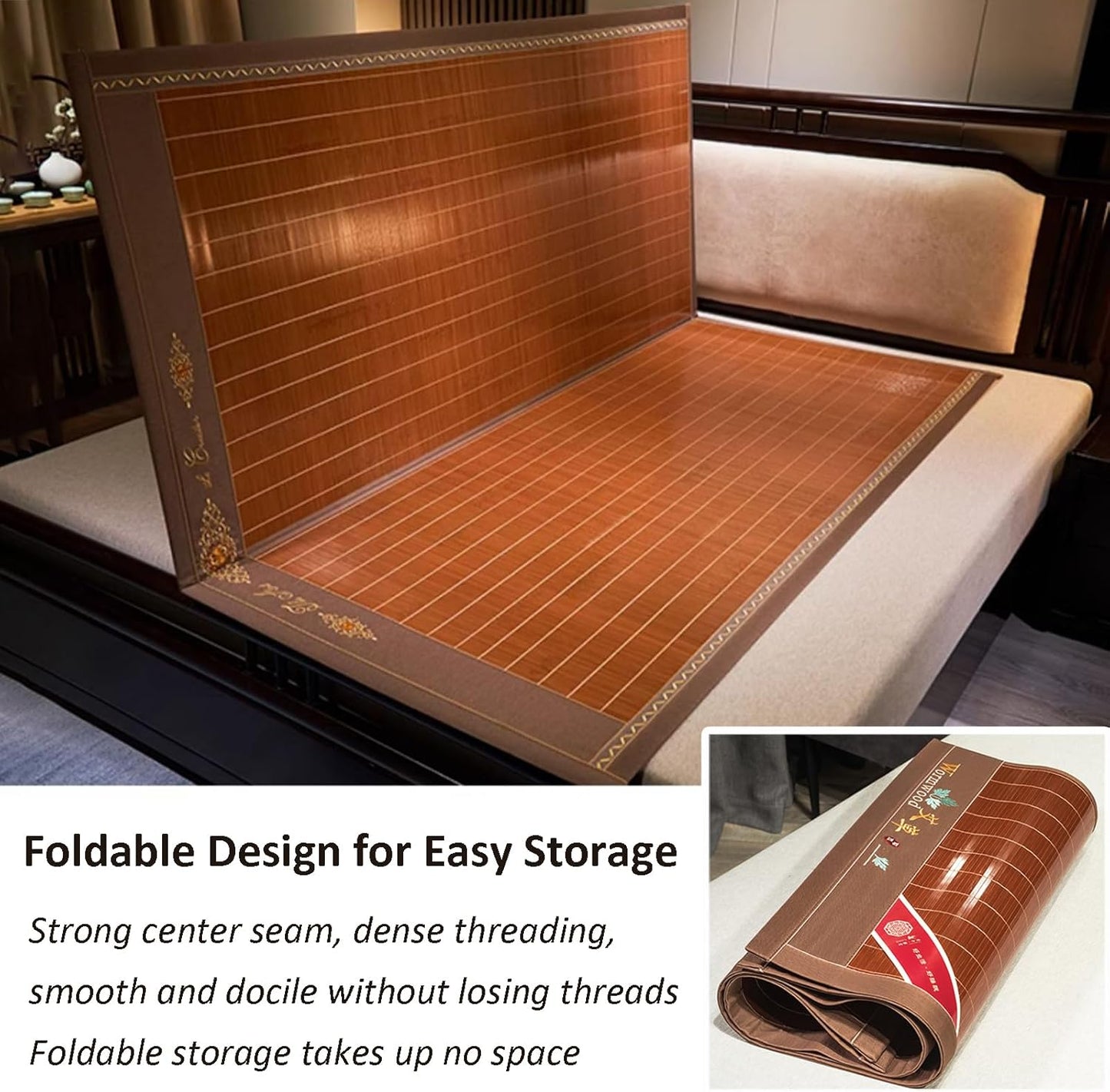 Foldable Double Sided Bamboo Mat for Bed, Summer Sleeping Mat, Double-Sided Cooling Bed Sheet, Folding Mattress Bamboo Rattan Air Conditioning Mat for Home, Bedroom