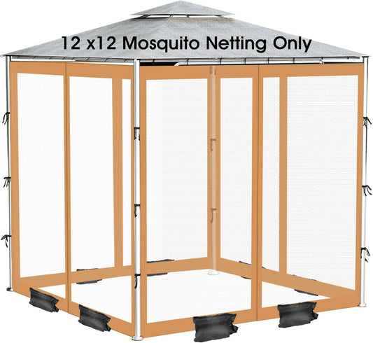 ShowyLive 12x12 Patio Umbrella Mosquito Netting with Zipper 4 Doors & 8 Weight Bag - Adjustable Polyester Mesh Bug Screen for Outdoor Umbrellas, Garden, Patio Tables (Brown)