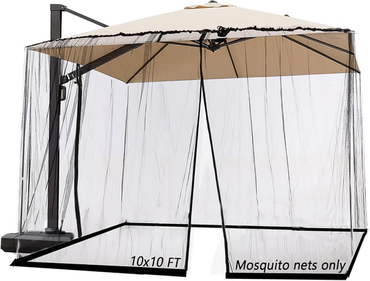 10ft Patio Mosquito Netting Patio Umbrella Cover Mosquito Netting Screen,Windproof Mosquito with Zipper Portable Foldable Umbrella Mosquito Net（10'10'7.6'） (Black)