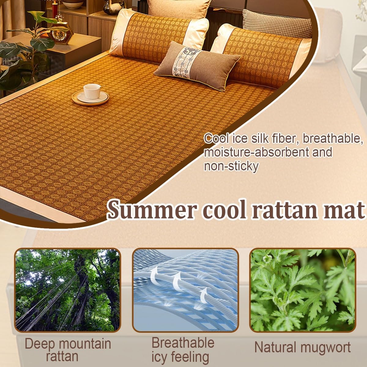 Summer Bamboo Sleeping mat, Summer Cooling Bamboo Sleeping Mat Foldable, Traditional Chinese Rattan Pad Cooling Mattress, Foldable Breathable, for Single Double Queen-Size(Color D,150cm)