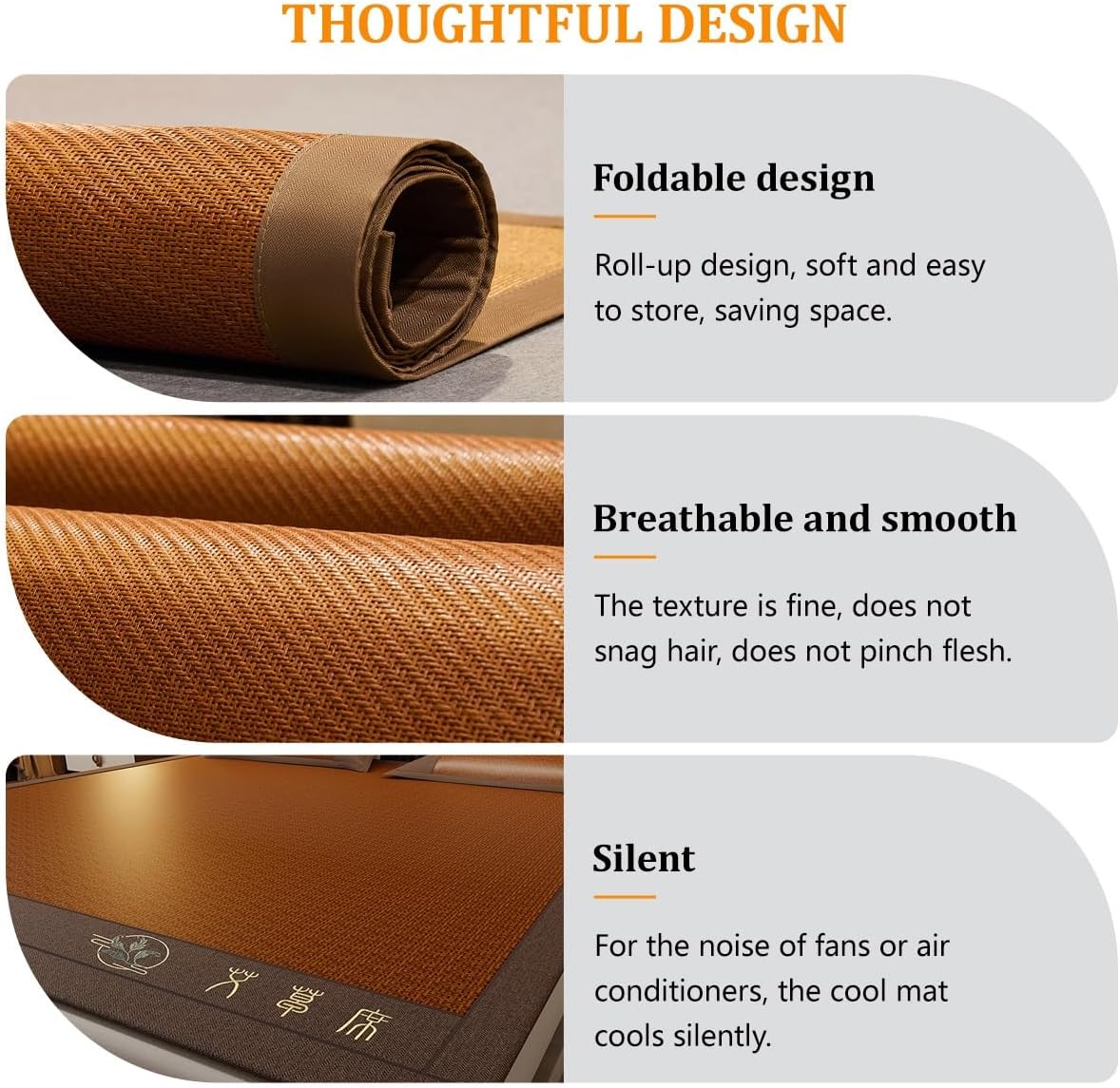 Rattan Summer Cooling Sleeping Mat with Ice Silk, Folding Smooth Air Conditioning Mat for Bed with Wormwood, Double-Sided Cooling Bed Sheet with Pillowcase Bedding for Home School Dormitory(Brown,90*1