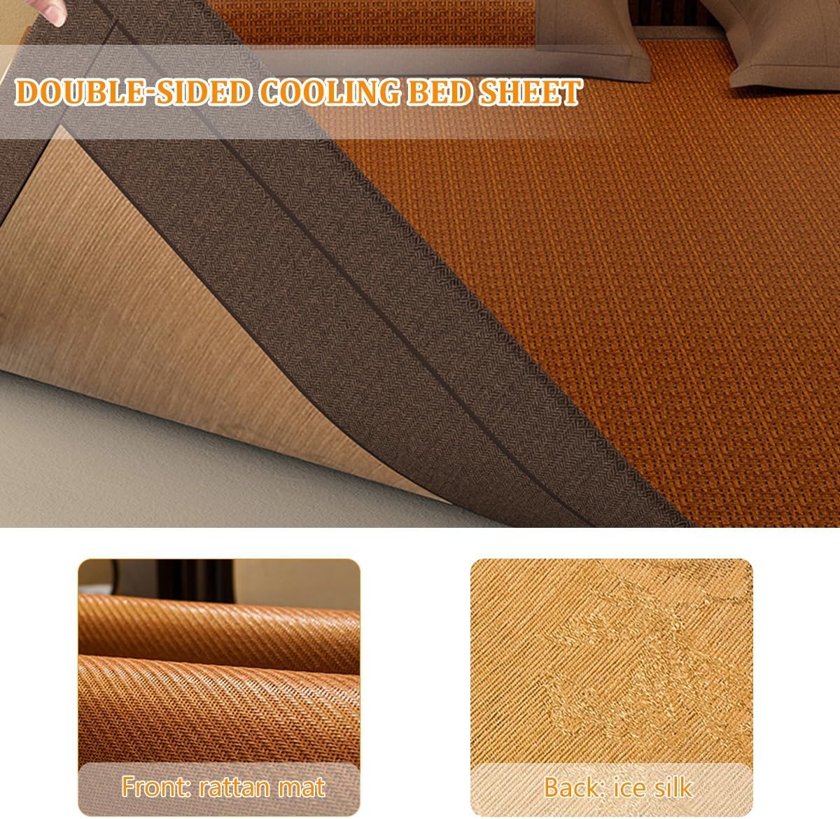 Rattan Summer Cooling Sleeping Mat with Ice Silk, Folding Smooth Air Conditioning Mat for Bed with Wormwood, Double-Sided Cooling Bed Sheet with Pillowcase Bedding for Home School Dormitory(Brown,90*1