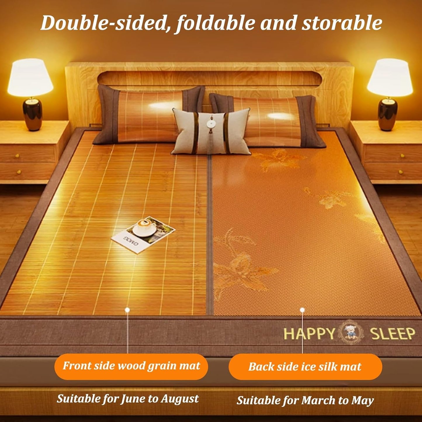 Summer Cooling Bamboo Mat, Foldable Double Sided Bamboo Mat for Bed, Double-Sided Cooling Bed Sheet Air Conditioning Mat, Smooth Breathable Bamboo Sleeping Mat, for Bedroom, Living Room(80X1