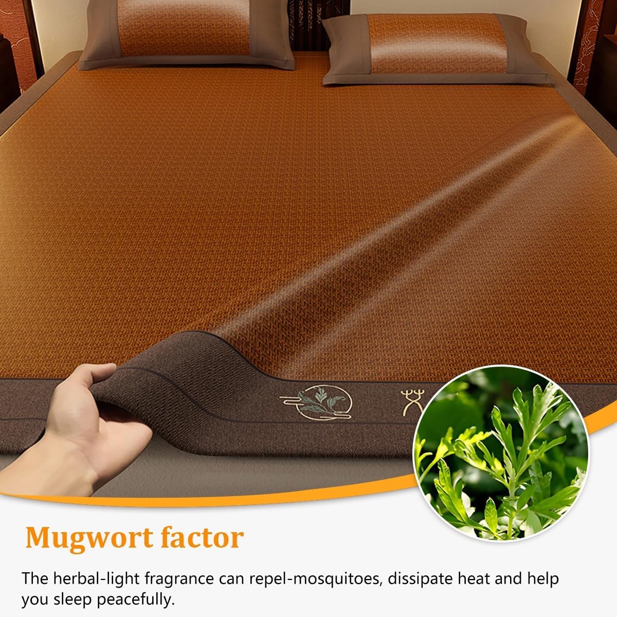 Rattan Summer Cooling Sleeping Mat with Ice Silk, Folding Smooth Air Conditioning Mat for Bed with Wormwood, Double-Sided Cooling Bed Sheet with Pillowcase Bedding for Home School Dormitory(Brown,90*1