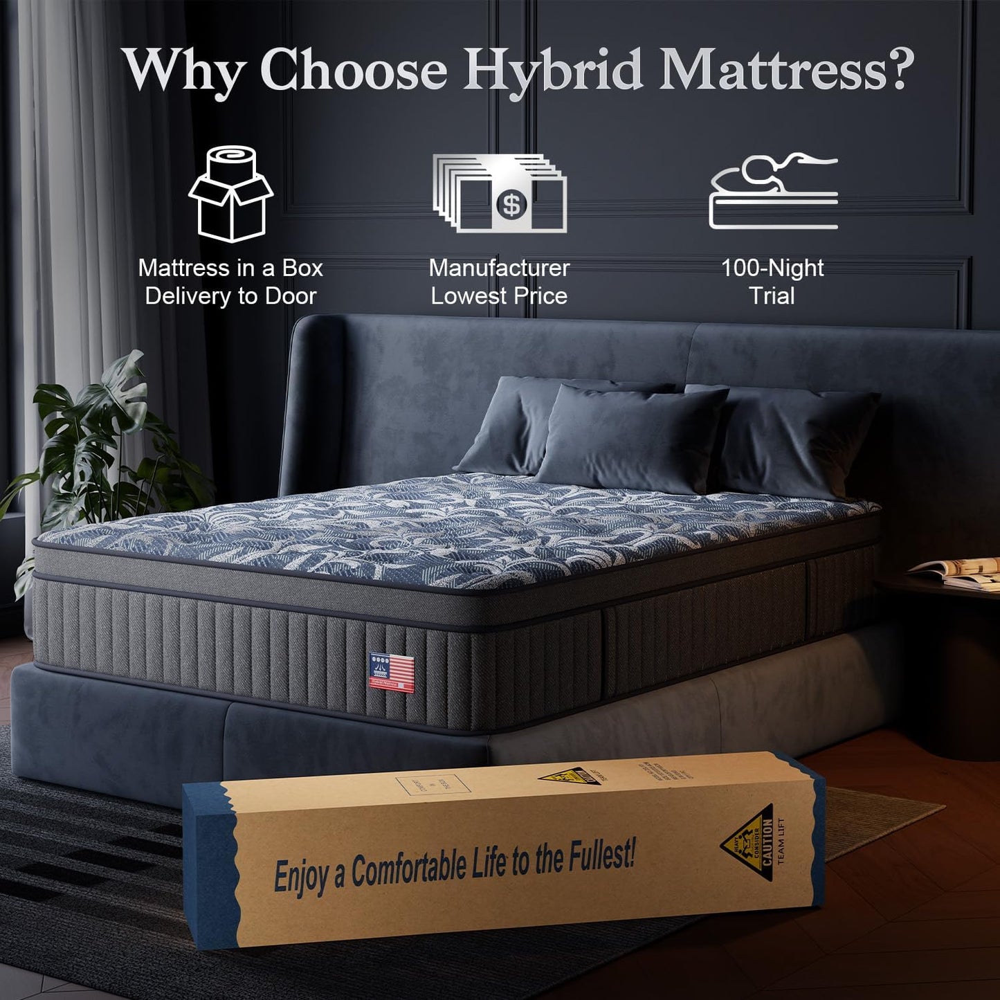 Queen Mattress, 10 Inch Cooling Gel Hybrid in a Box with Gel Memory Foam, Pain-Relieving Hybrid Mattress for Extra Lumbar & Hip Support,Individually Wrapped Pocket Coils,CertiPUR-US