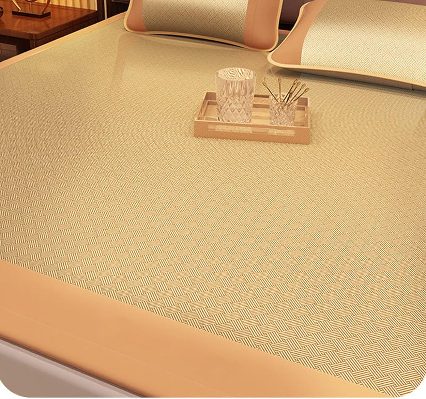 Summer Sleeping Pad Ice Rattan Mat 3 Piece Set (1 Mattress + 2 Pillowcases) Summer Ice Silk Mat Washable Cooler Mattresses